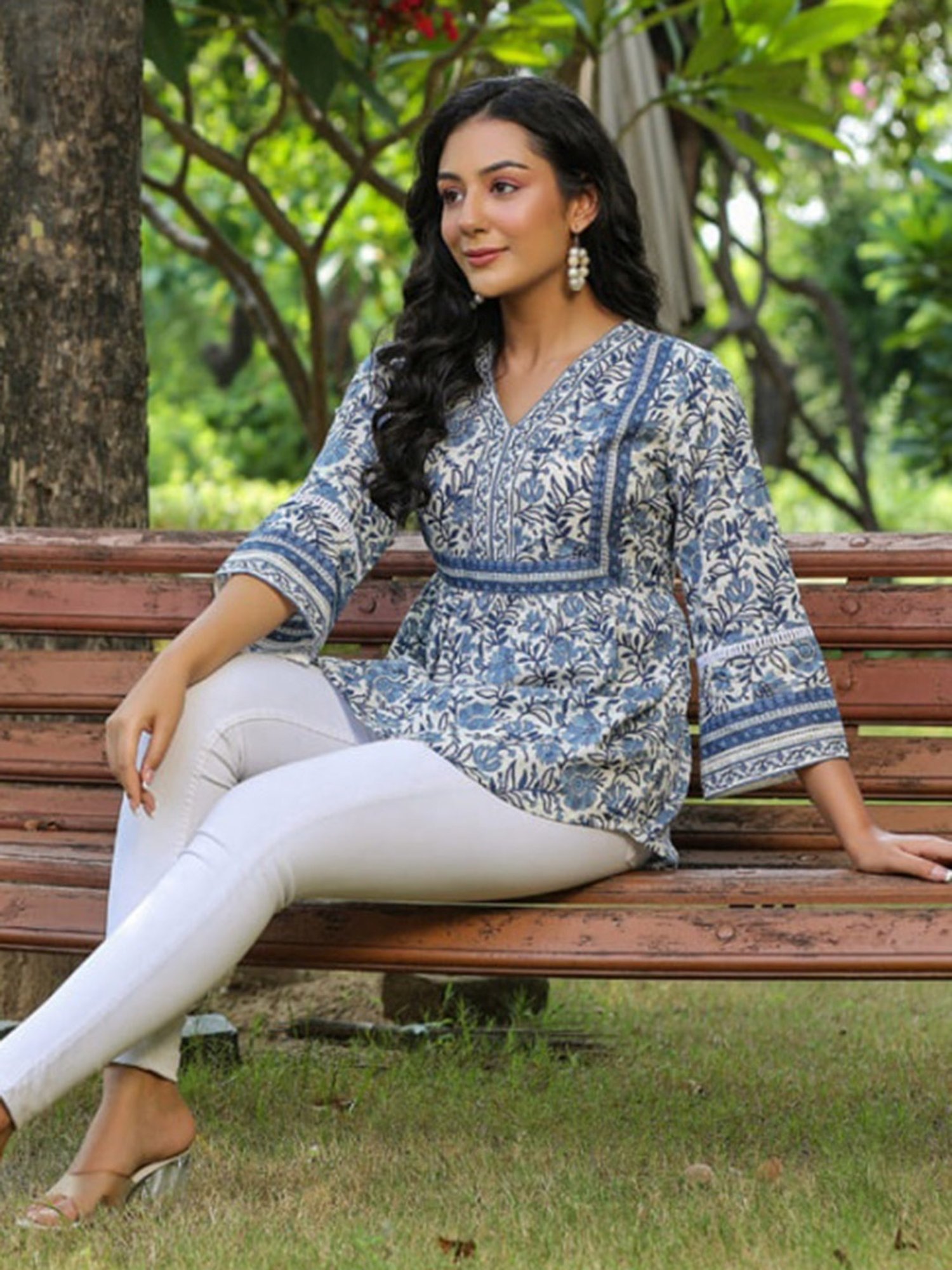 Rain and Rainbow Blue Cotton Floral Print Top