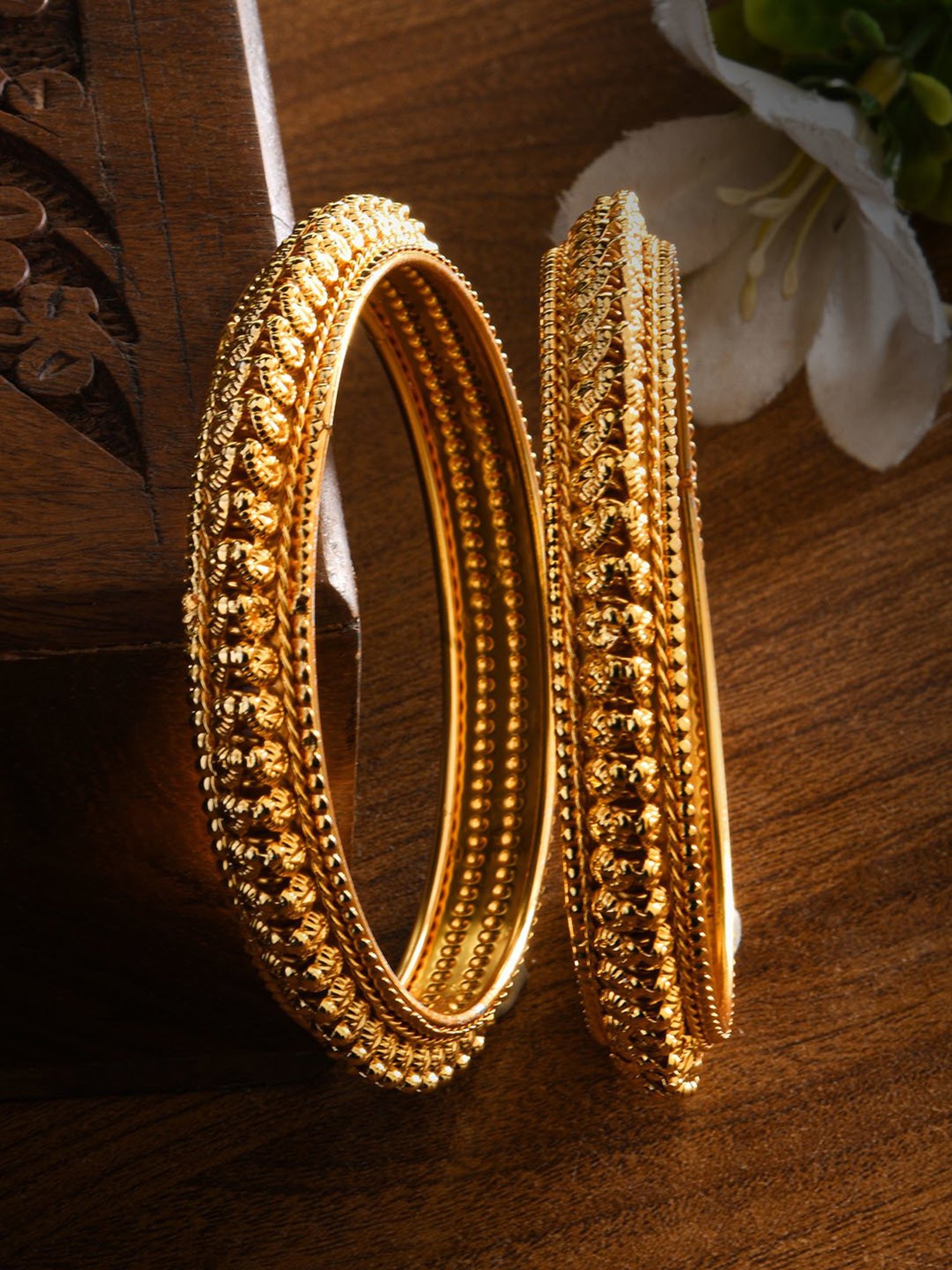 Fida Ethnic Traditional Gold Pkated Embossed Bangle Set for Women - Set of 2