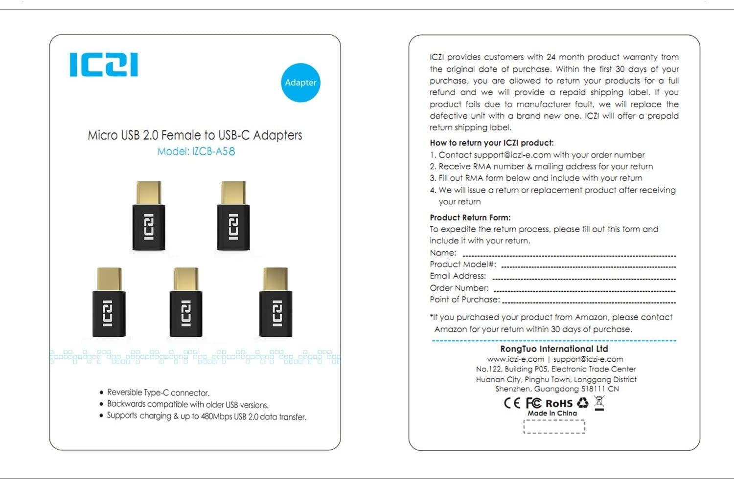 USB Type C Adapter(5pcs), ICZI USB C to Micro USB Convert Connector for Samsung S10 S10e S9 Plus Note 8, LG V20 G6 G5, Nexus 6P 5X, Oneplus 5T, Nintendo Switch& More- Gold Plated, OTG