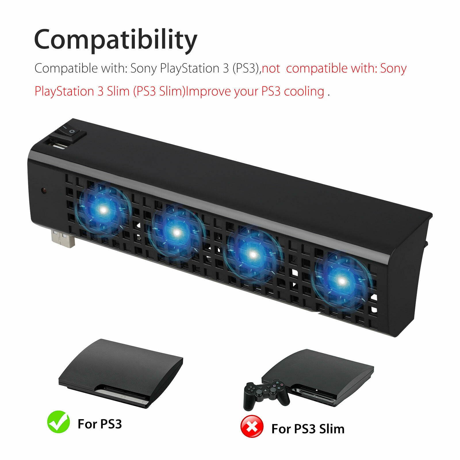 4-Fan External Front Intercooler USB Extra Cooling System Cooler for  PS3