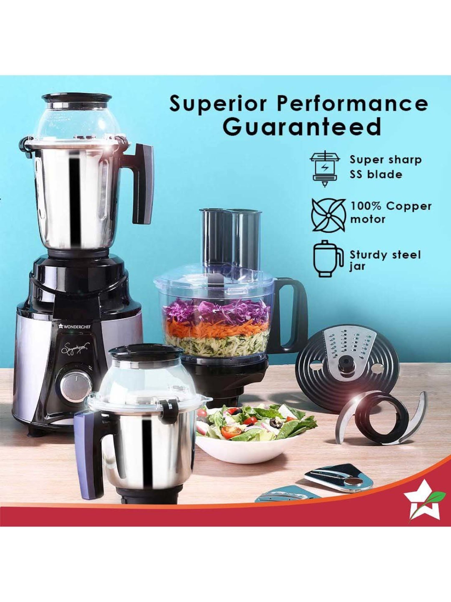 Wonderchef Galaxy Mixer Grinder 750W Copper Motor with 4 SS Jars Black & Grey,5-Year Warranty