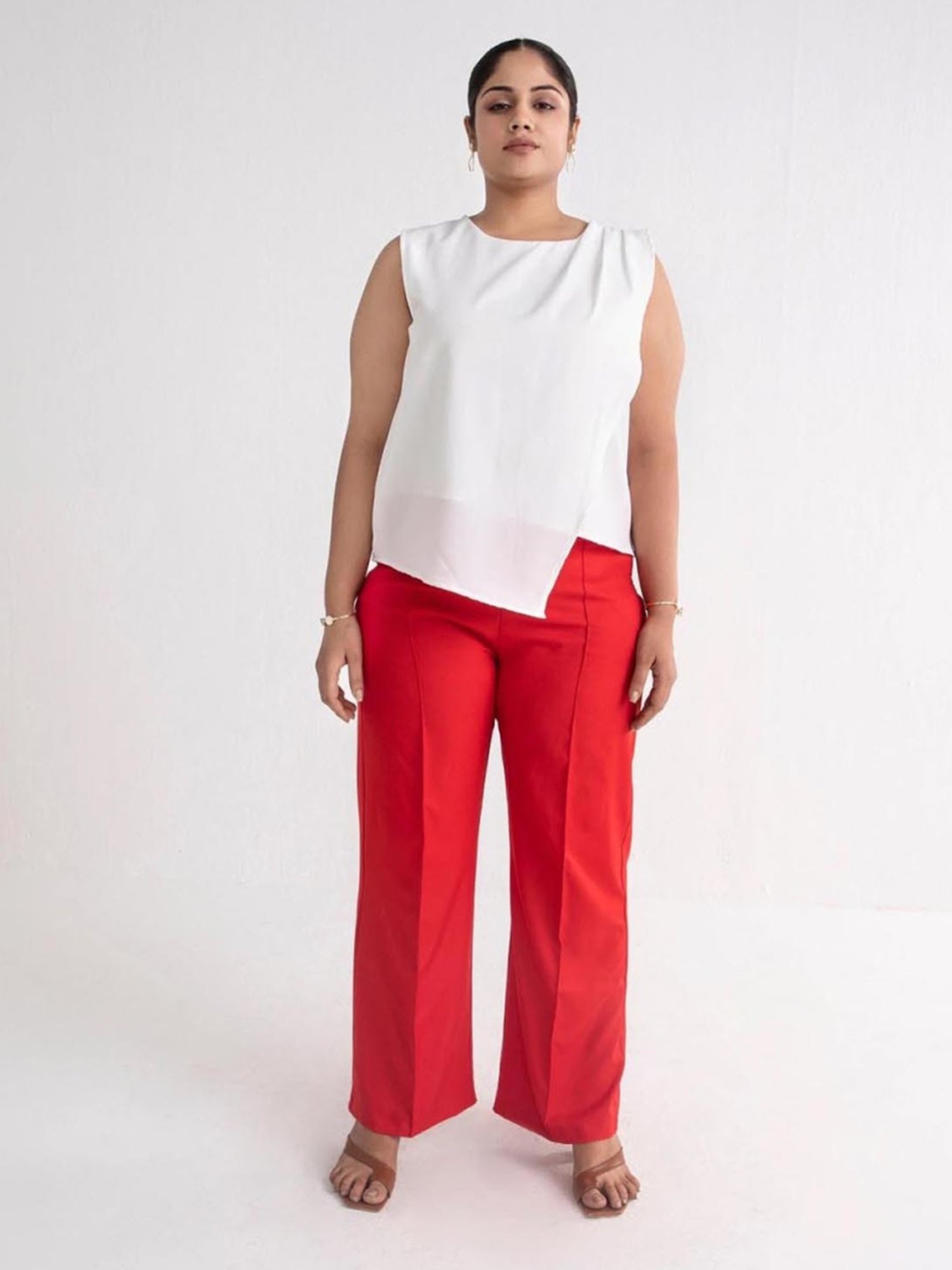 Qua Apple Red Creased Wide Leg Trousers