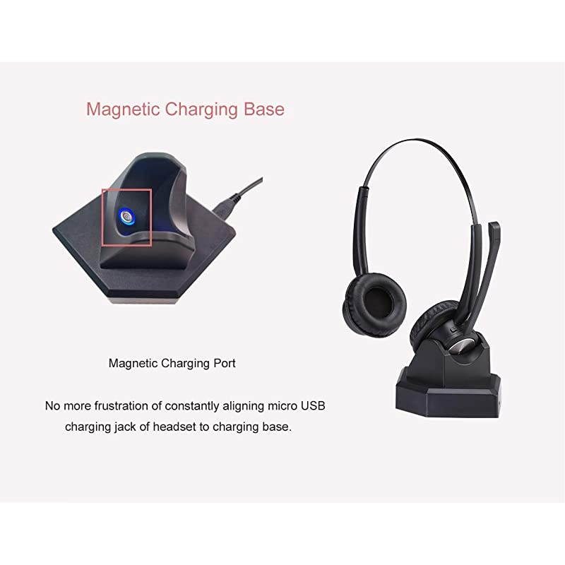 Wireless Telephone Headset with Noise Cancelling Microphone for Call Centers Office Bluetooth Headset for Cell Phone PC Skype Softphone Car Trucker Driver Over The Head with Charging Dock