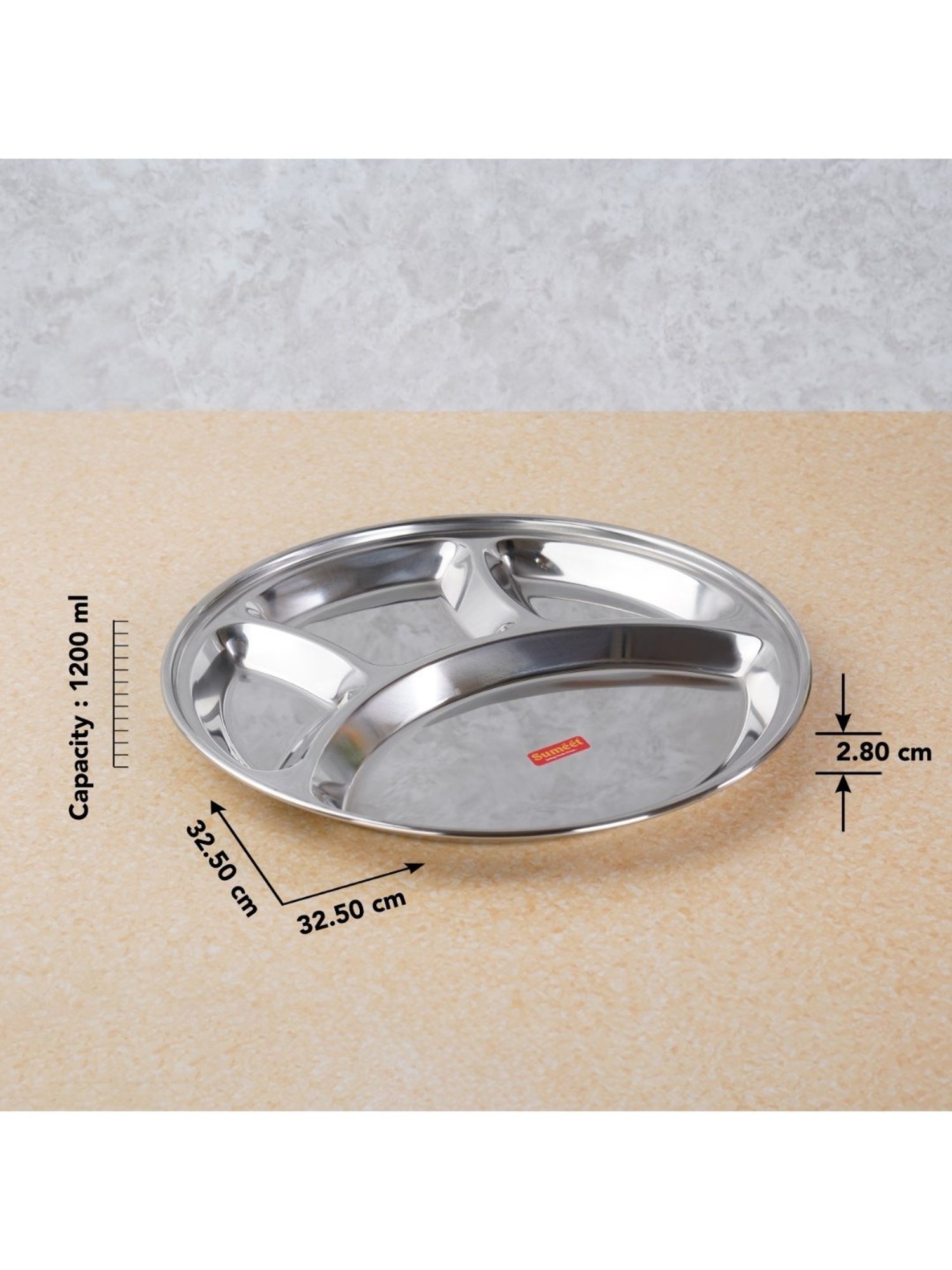 Sumeet Stainless Steel Round 4 in 1 Compartment Lunch / Dinner Plate 1Pc, 32.5cm Dia, Silver