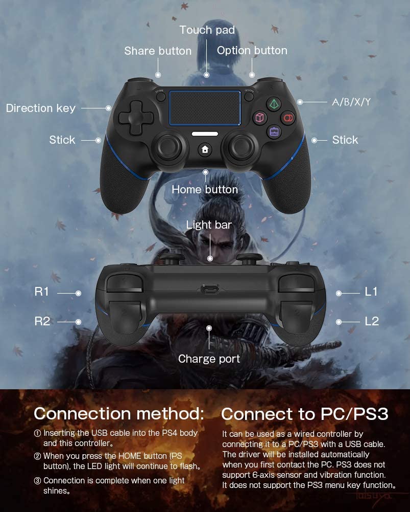 PS4 controller, wireless controller for Playstation 4 with speaker/gyro/HD dual vibration/touch panel/LED indicator Pro controller gamepad, suitable for PS4/Slim/Pro console (blue)