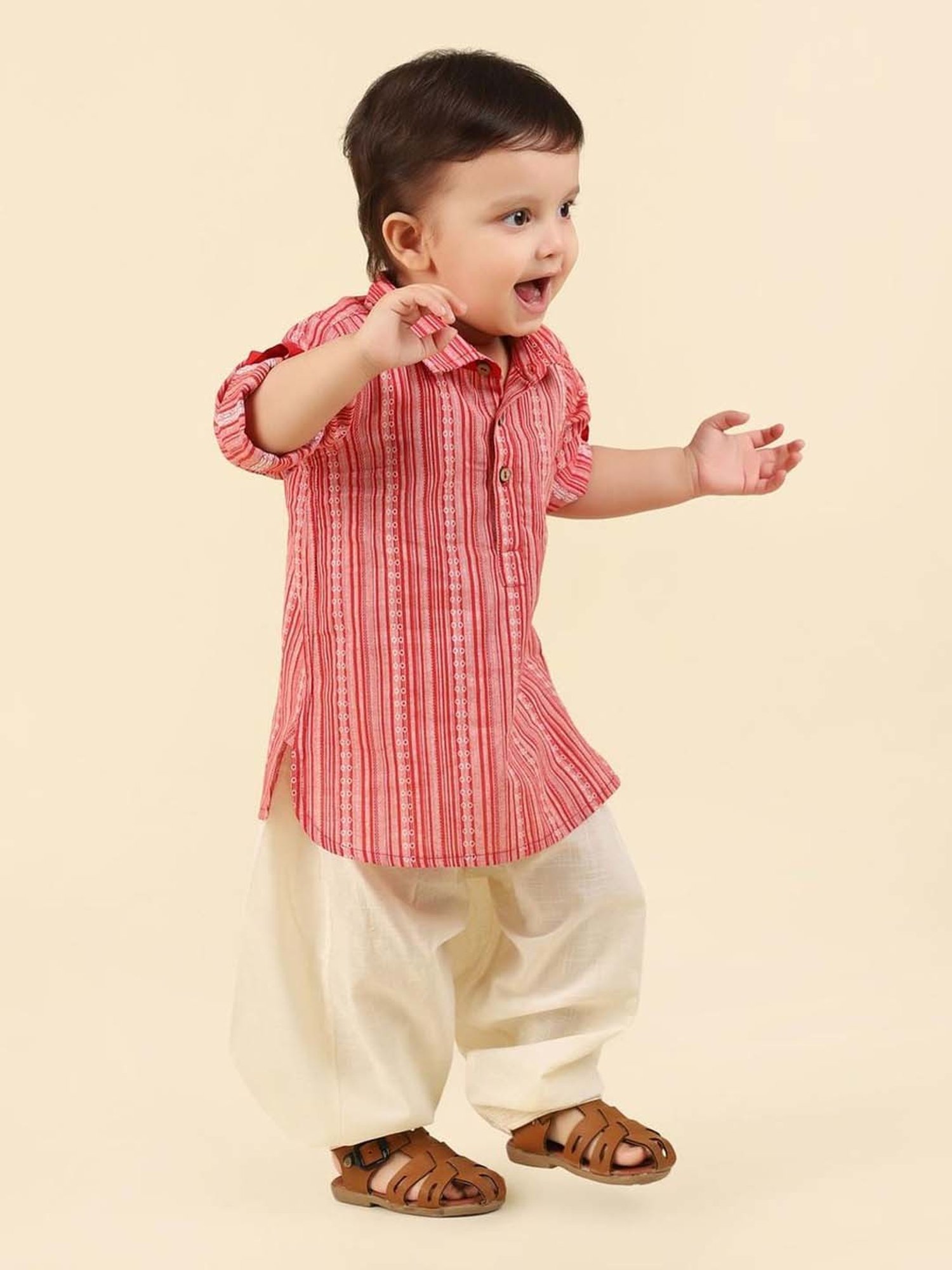 Fabindia Kids Red & Beige Cotton Embellished Full Sleeves Kurta & Pyjama
