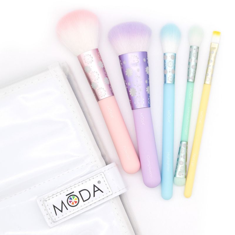 MODA Brush Posh Pastel 6pc Total Face Flip Kit Makeup Brush Set Set with Travel Flip Case, Includes - Powder, Highlighter, Crease/Smudger, and Flat Lip Brushes
