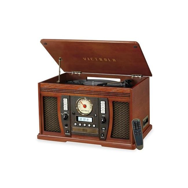 Victrola VTA-750B Nostalgic Aviator 7-in-1 Turntable Wooden Entertainment Center with Bluetooth, Mahogany