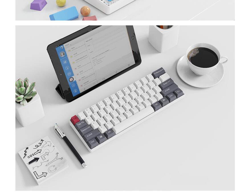 A-jazz AK61 Bluetooth Wireless and  USB Wired Dual Connectivity Mechanical Gaming Keyboard, Durable ABSKeycaps, White Backlit -Blue Switch( White )