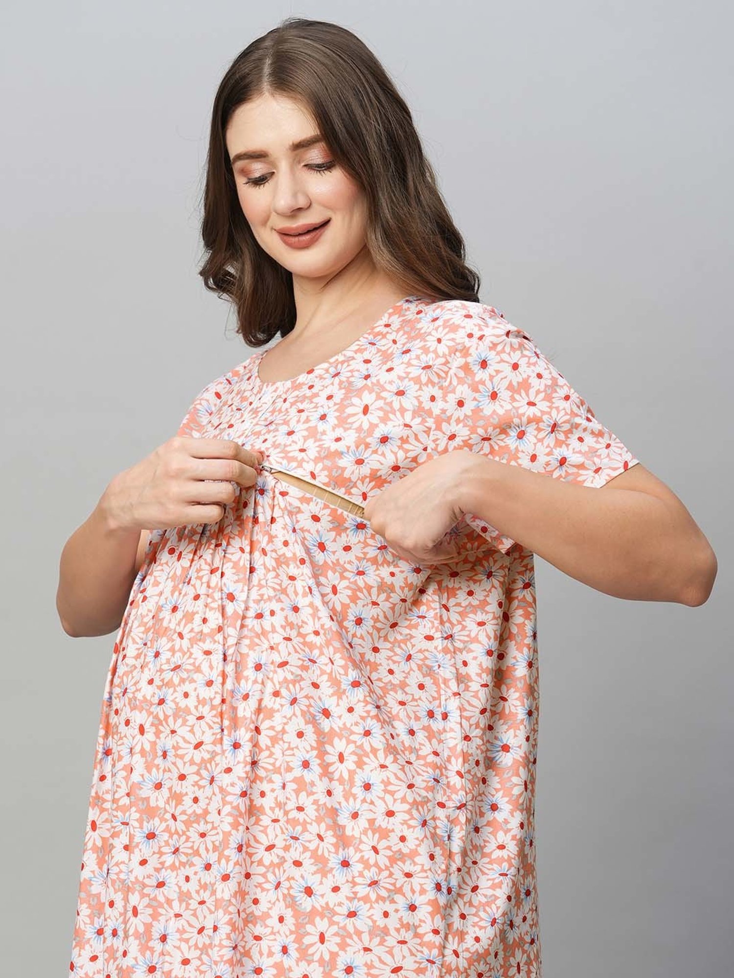 MomToBe Peach Floral Print Maternity Nighty