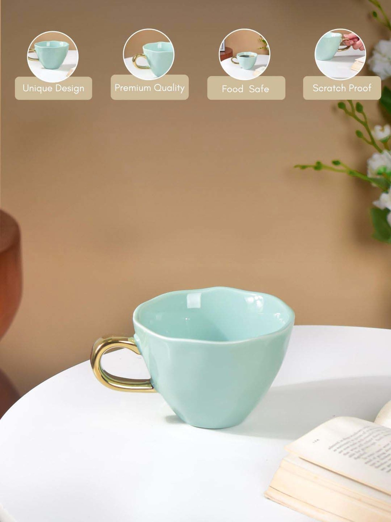 Nestasia premium quality mint ceramic Teacup with golden handle for serving Coffee/Tea/Warm Drinks