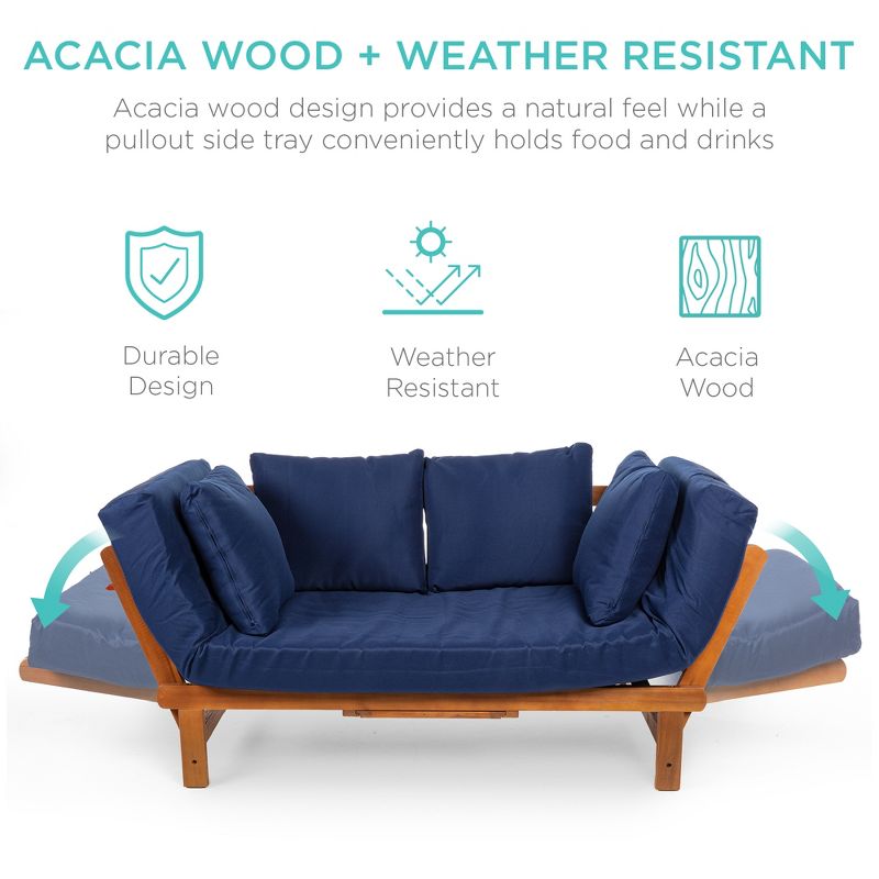 Best Choice Products Outdoor Convertible Acacia Wood Futon Sofa w/ Pullout Tray, 4 Pillows, All-Weather Cushion - Navy