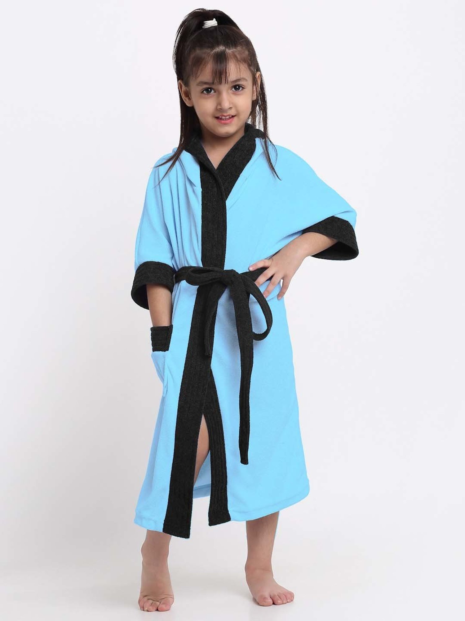 Creeva Melodious Black & Turkish Micro Terry 225 GSM Kids Hooded Bathrobe 4-5 Years With Pocket