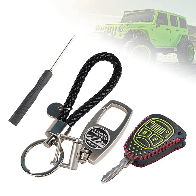 Key Fob Cover for Jeep,  Leather Car Remote Green Key Fob Shell Case Protector for Jeep Wrangler JK 2007-2017 JKU 2D&4D