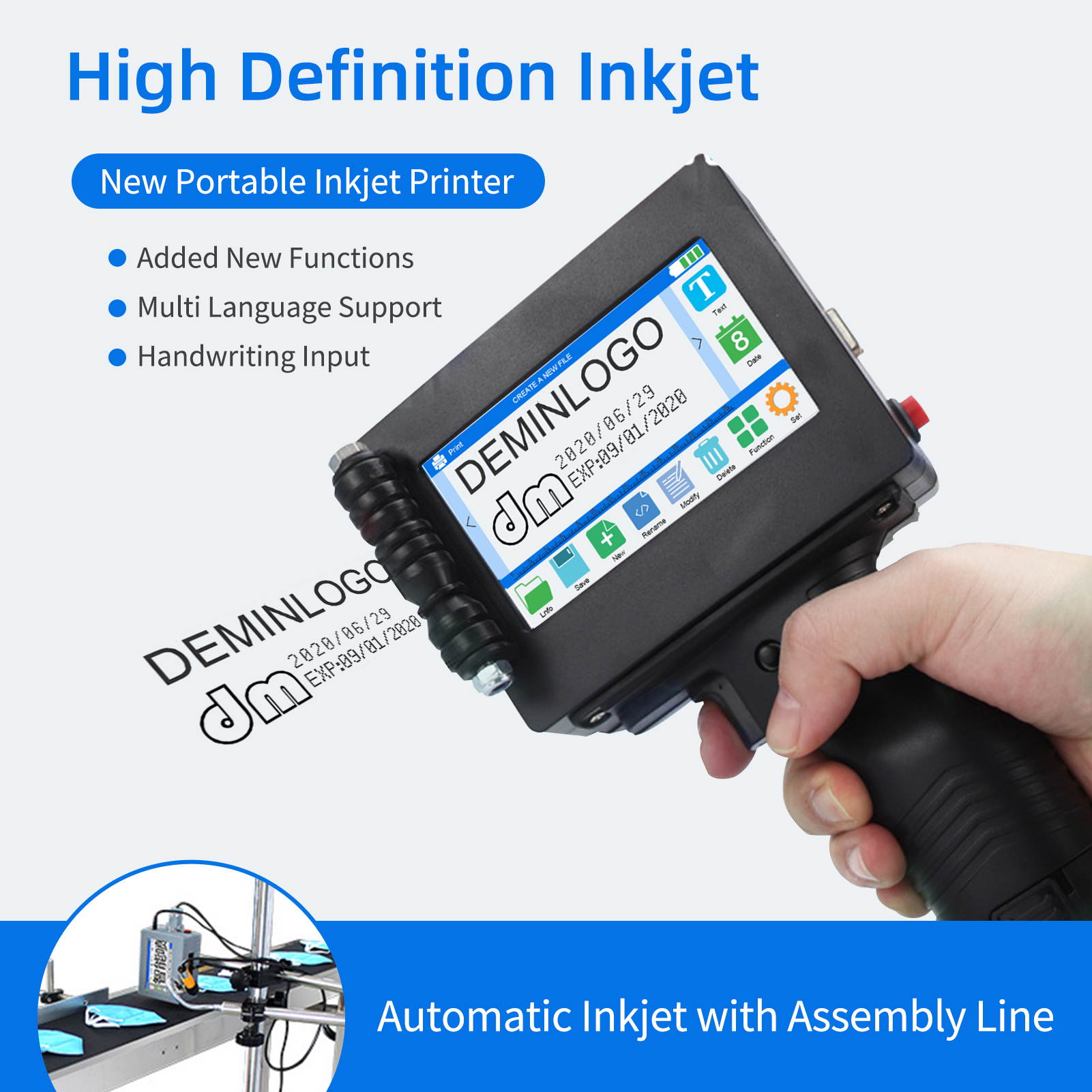 Handheld Printer Portable Inkjet Printer High Definition Inkjet Code Printer with 4.3 Inch LED Touchscreen Quick-Drying Ink Cartridge for Label/Production Date/Barcode/Trademark/Logo/Graphic etc.