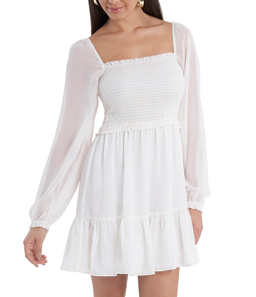 1. STATE Smocked Waist Ruffle Hem Square Neck Long Sheer Sleeve A-Line Dress