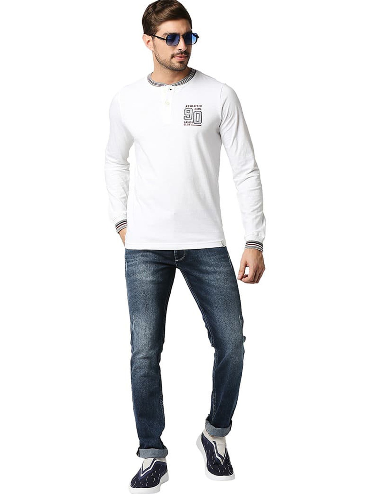 Basics Bright White Cotton Muscle Fit Henley T-Shirt
