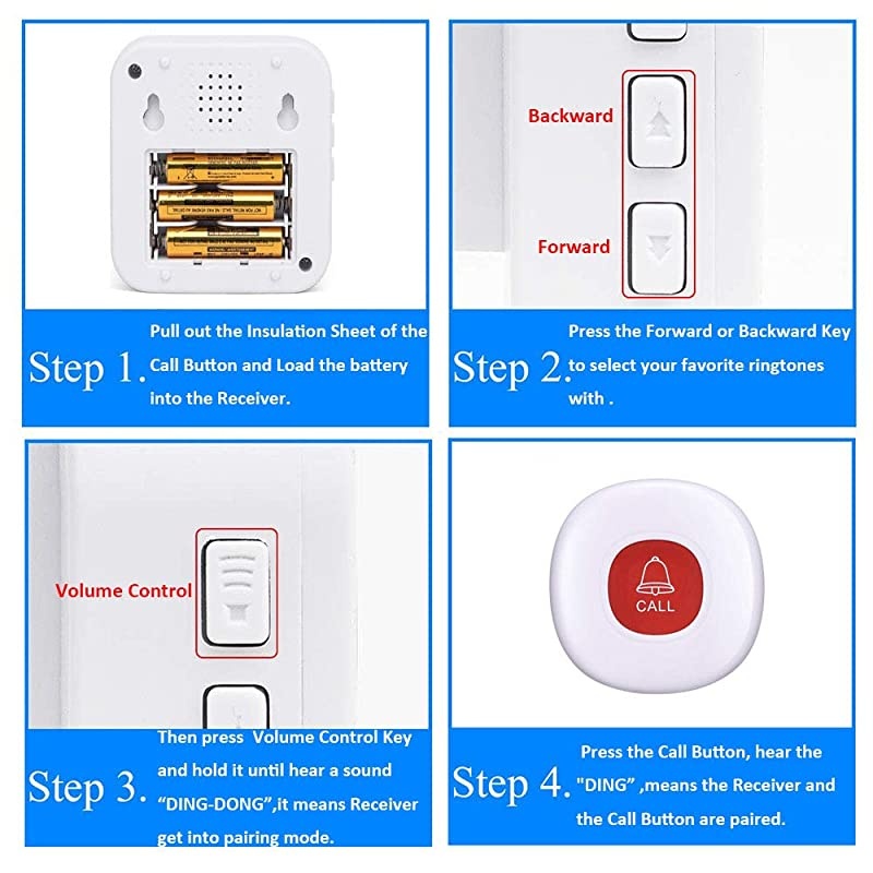 Wireless Portable Caregiver Pager/Emergency Call Button Bell/Panic Alarm System/Personal Calling Alert Help/Safety Alarm for Elderly Senior Patient Home 1 Receiver+2Call Button