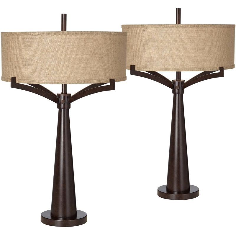 Franklin Iron Works Mid Century Modern Table Lamps Set of 2 Rich Bronze Iron Burlap Fabric Drum Shade for Living Room Bedroom