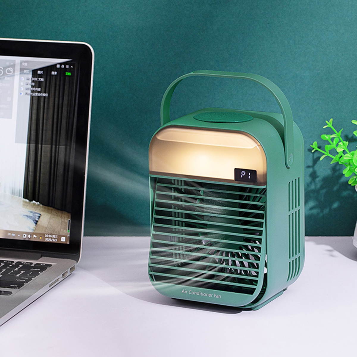 2000mAh 200ML Mist Humidifier Digital Display USB Power Supply Night Light Air Cooler Fan-Green