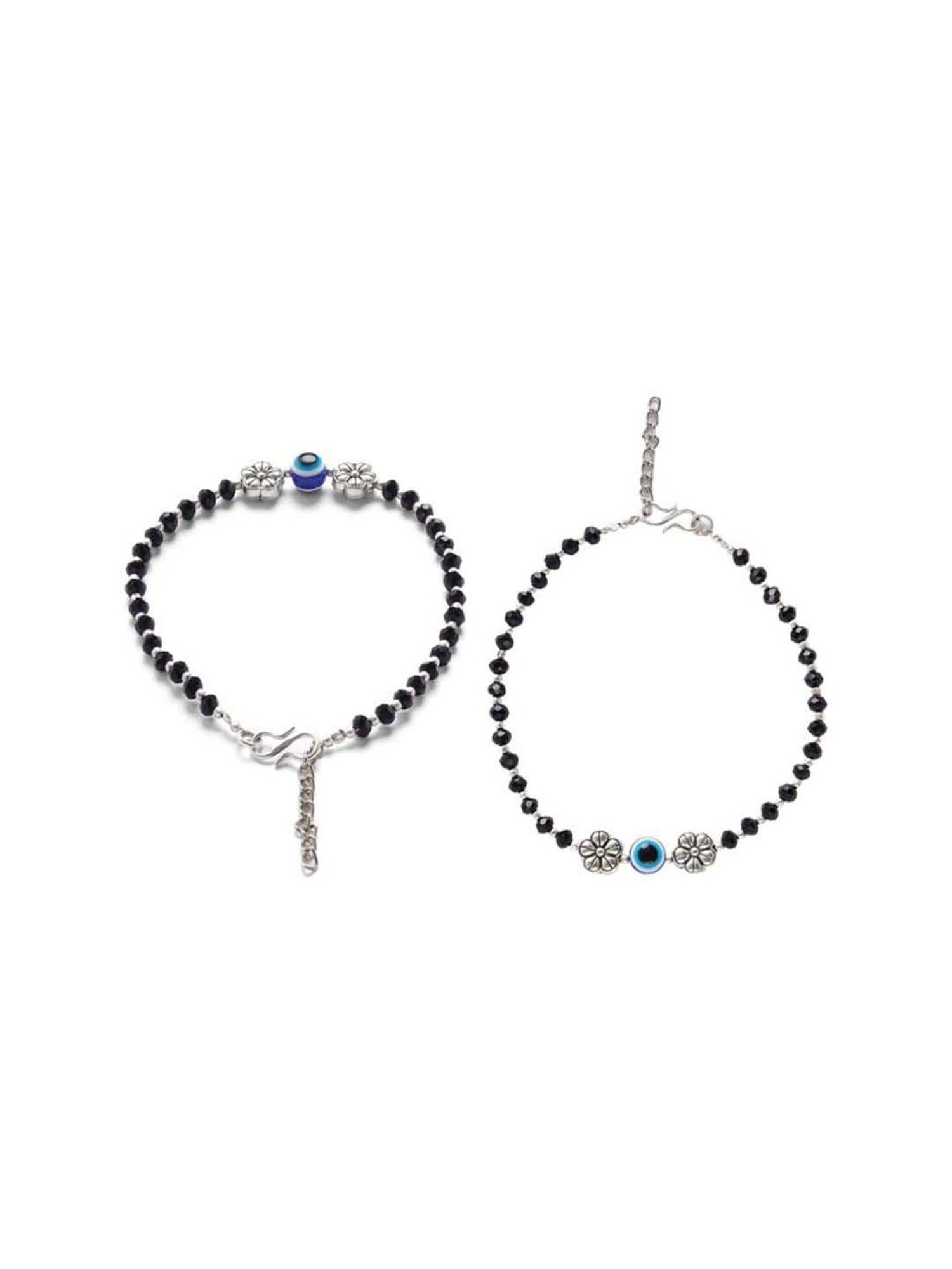 Aatmana Silver-Plated & Black Beaded Handcrafted Flower Anklets - Set of 2