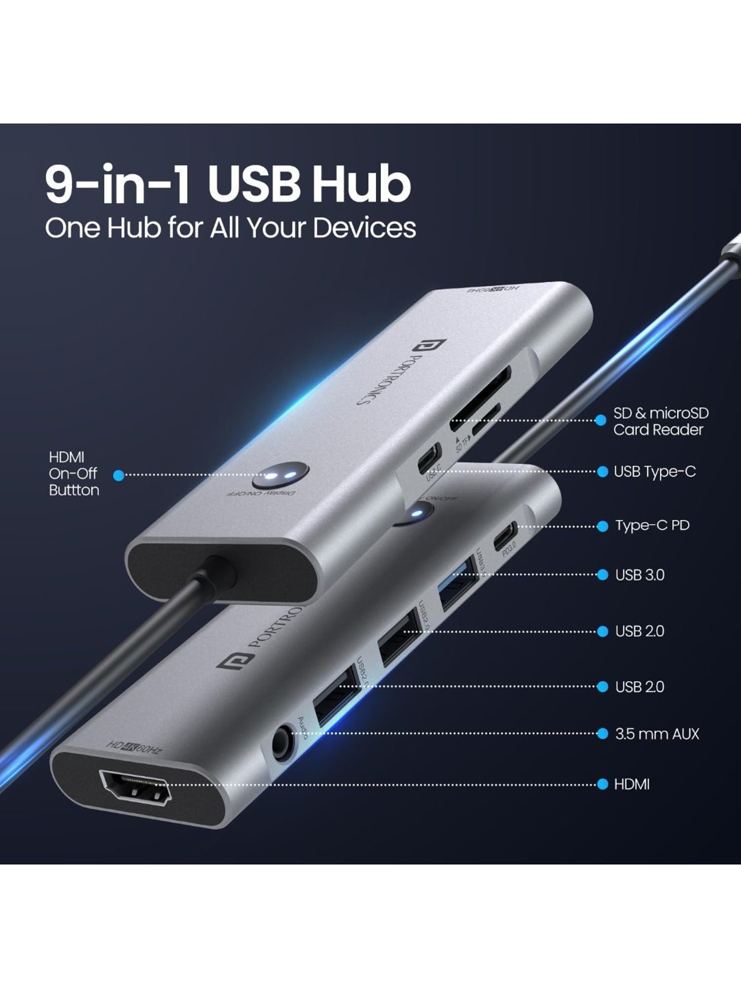 Portronics Mport One USB C Hub 9 in 1 with 4K Type C Charging, Card Reader, 3.5mm AUX (Grey)