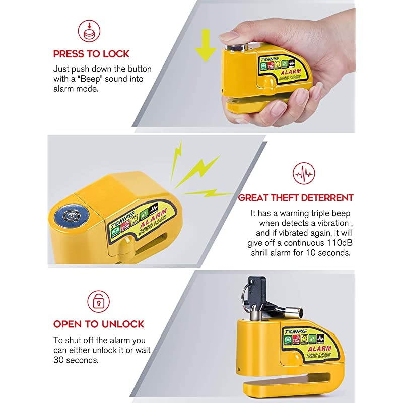 Motorcycle Alarm Disc Brake Lock Anti Theft Motorbike Security Wheel Disk Lock for 7mm Brake Rotor with 110db Alarm Sound with 15m5ft Reminder Cable for Harley Davidson etc Yellow