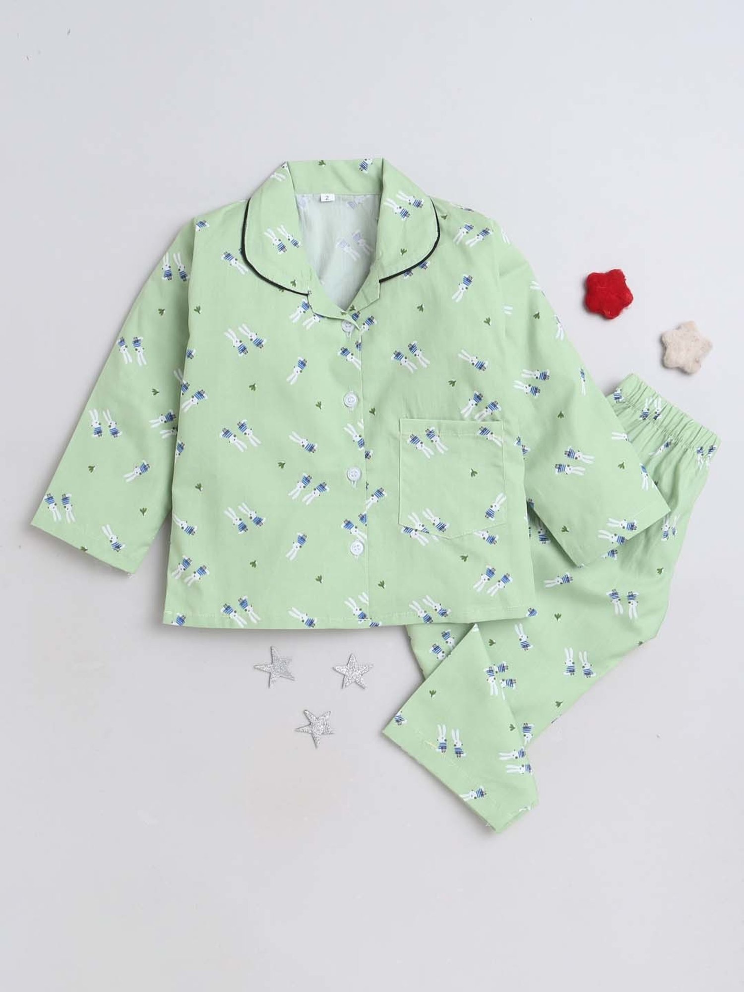 The Magic Wand Girls Green Cotton Printed Full Sleeves Shirt Set
