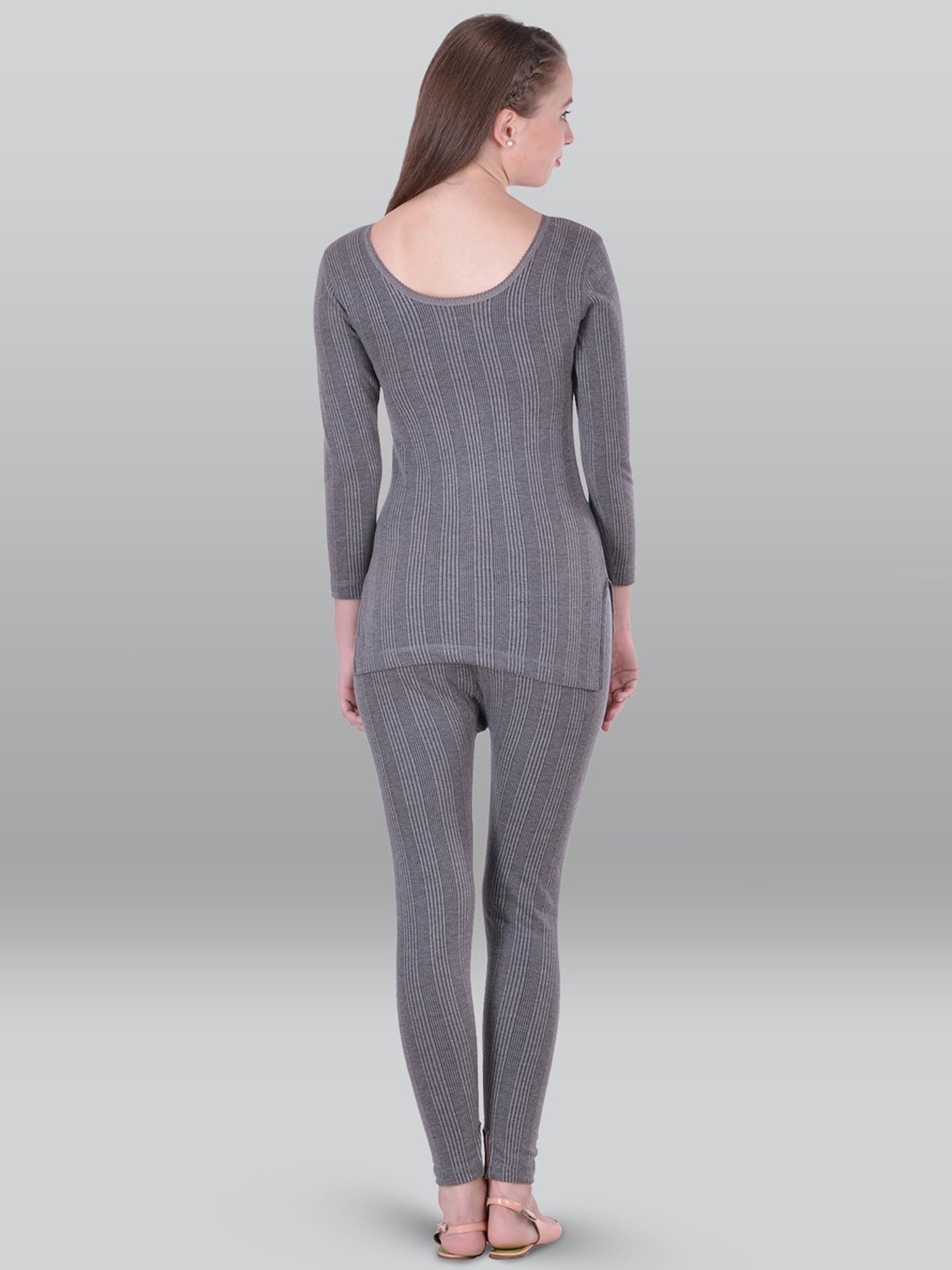 LUX Inferno Grey & Off-White Striped Thermal Top Leggings Set - Pack Of 2