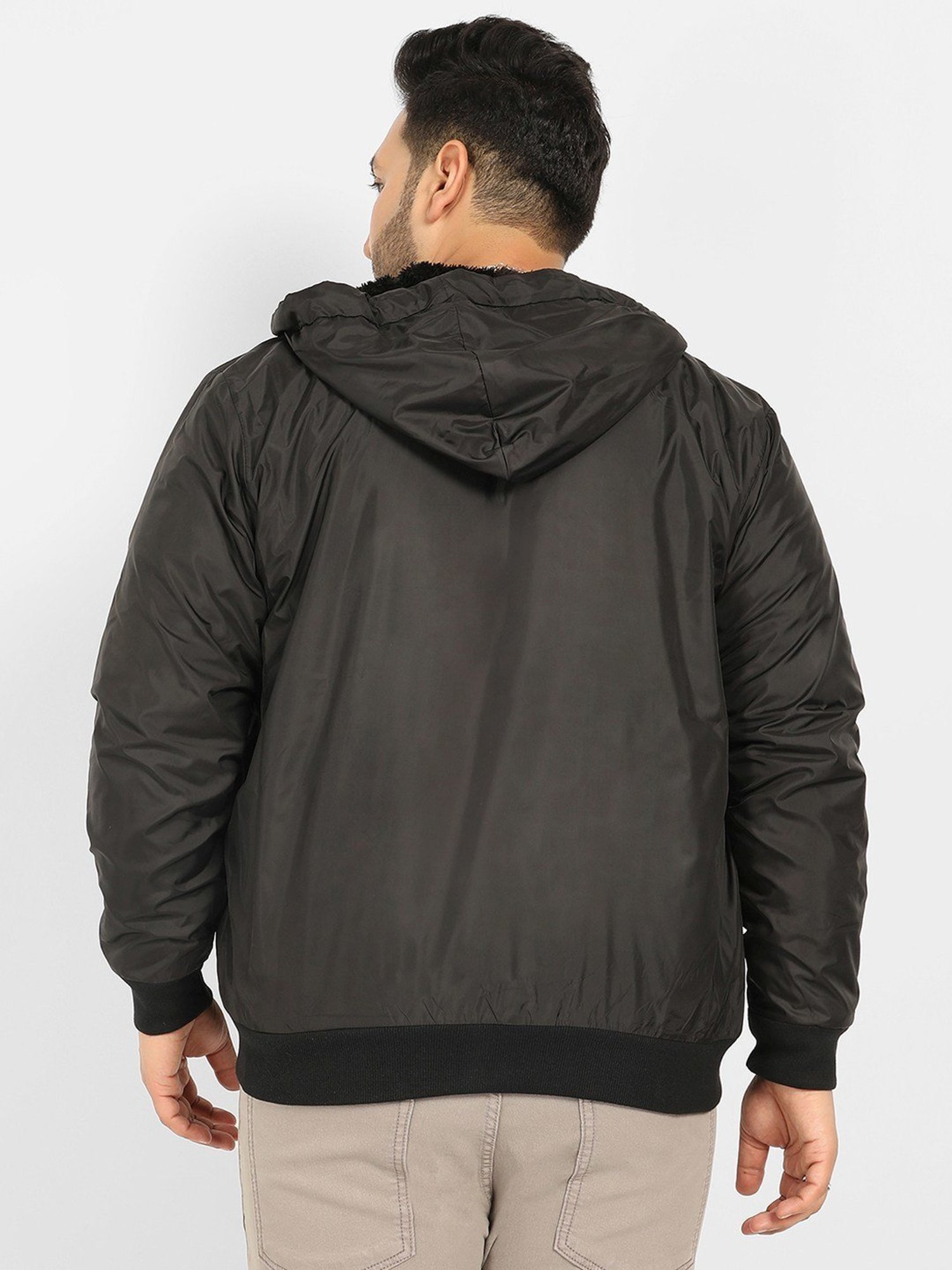 Instafab Plus Black Regular fit Plus Size Hooded Jacket