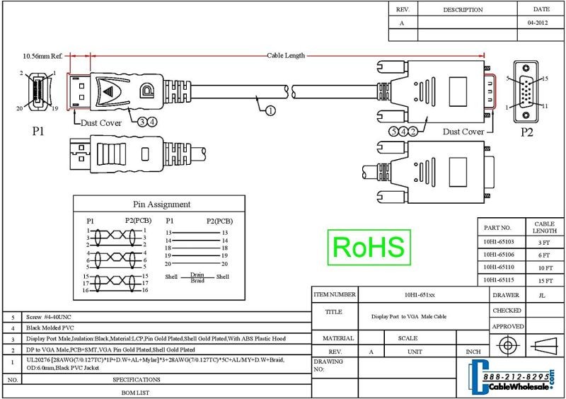 DisplayPort (DP) to VGA Adapter Monitor Cable - HD 1080p DisplayPort (DP) Male to VGA Male Gold Plated Connector Black 6 feet Cablewholesale