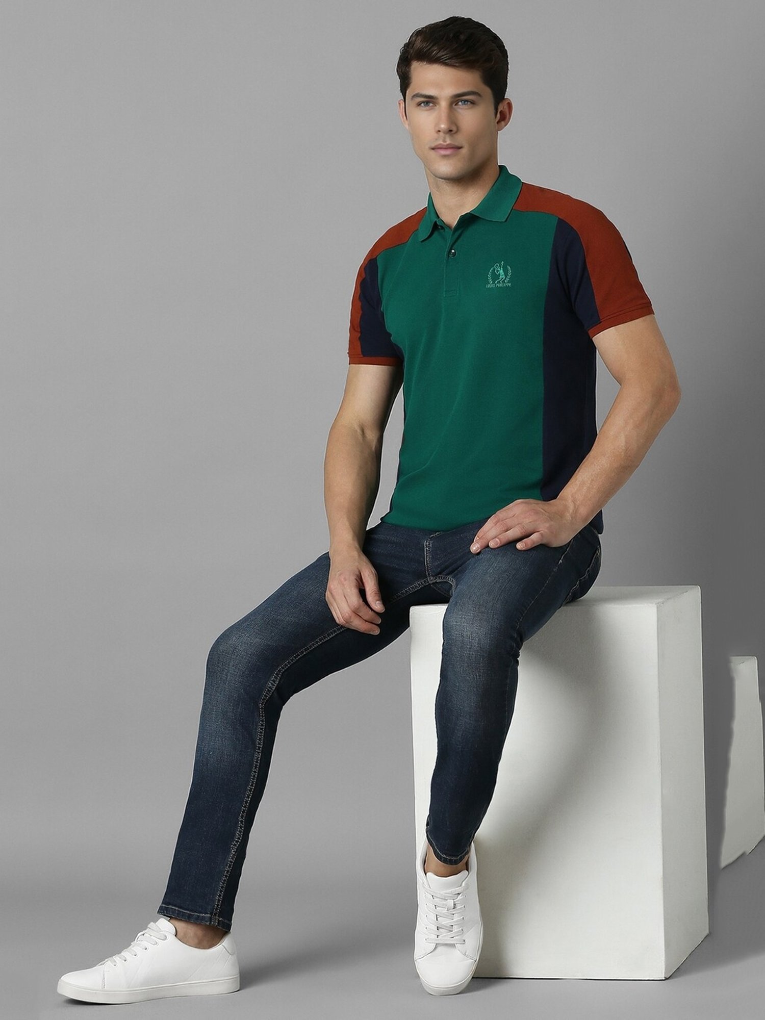 Louis Philippe Green Cotton Slim fit Colour-Block Casual Polo T-Shirt