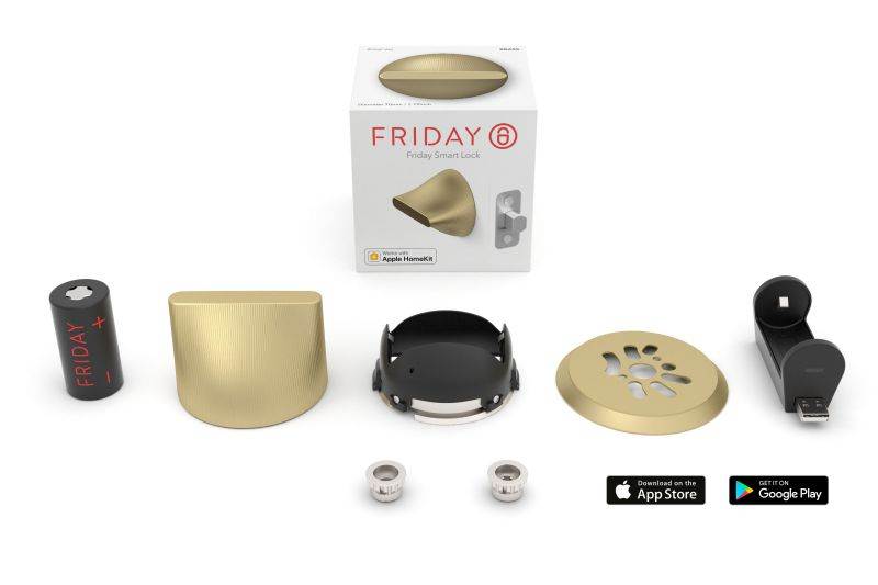 FRIDAY HOME Smart Lock - Brass Finish. World's smallest smart lock: diameter 2 3/4". IOS and Android compatible. Built in WiFi on Demand. Rechargeable battery and charger included.
