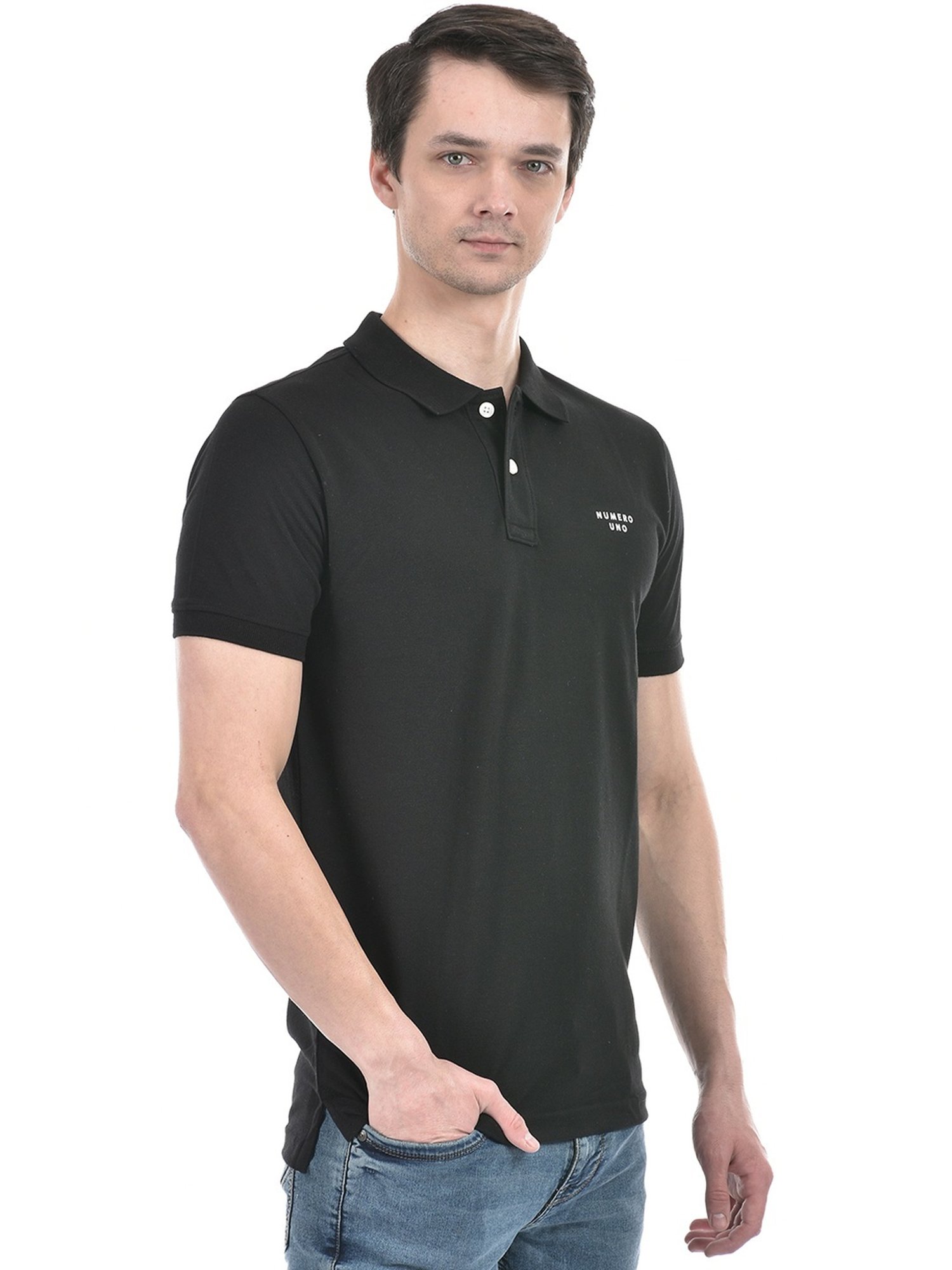 Numero Uno Black Cotton Slim Fit Polo T-Shirt