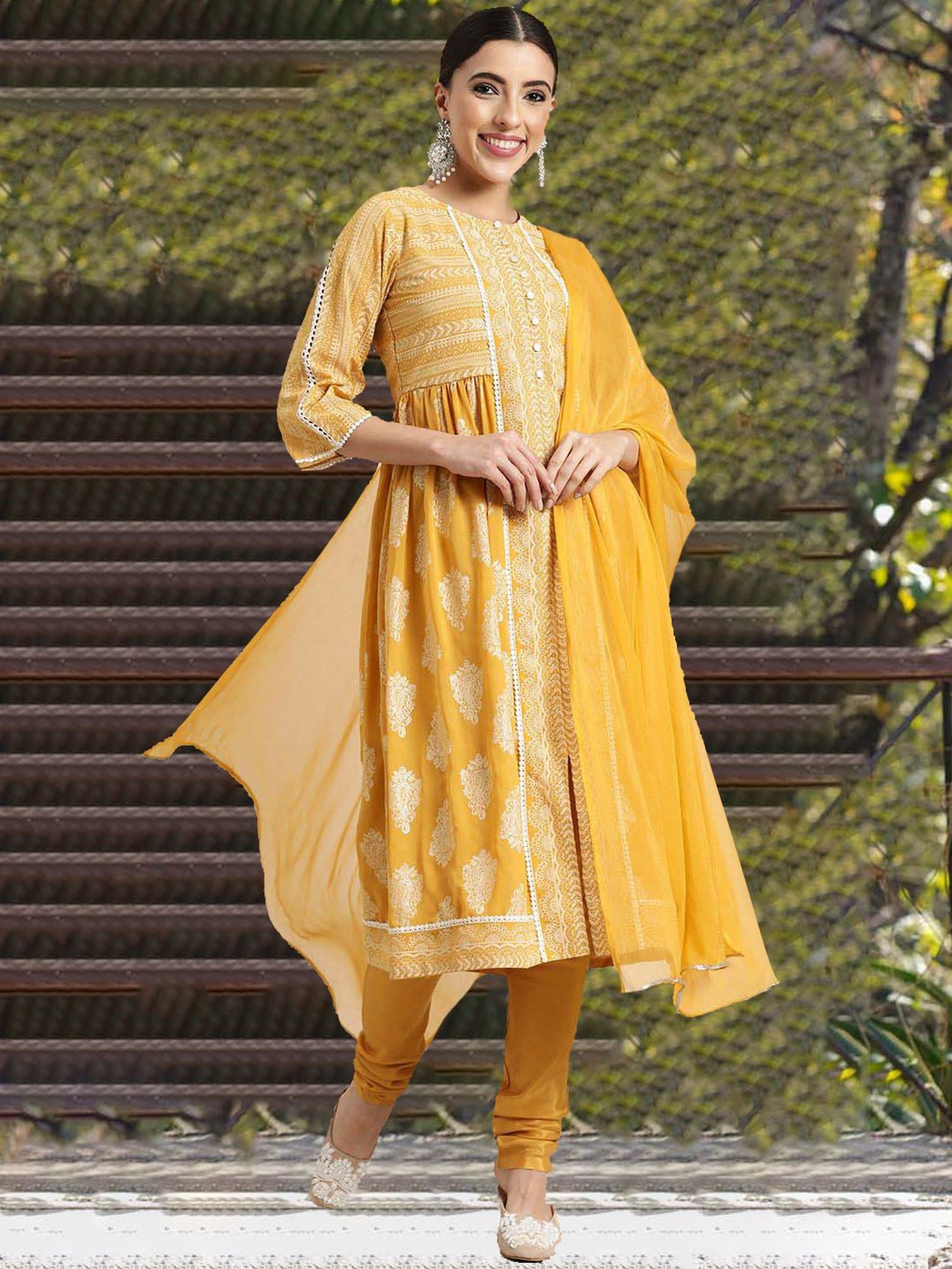 Juniper Yellow Ethnic Motif Printed Georgette Kurta Churidar & Chiffon Dupatta Set With Lace Work