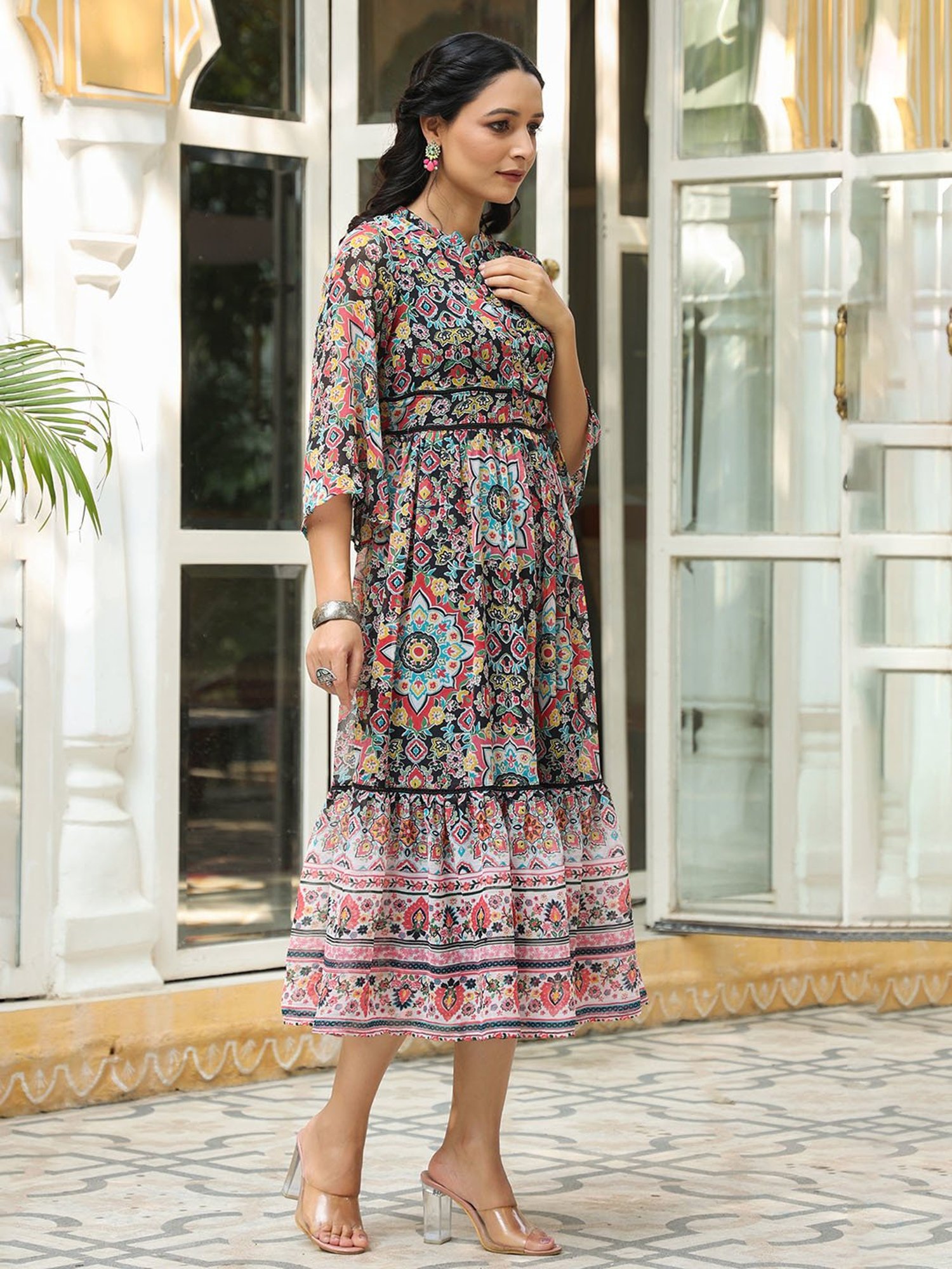 Juniper Black Geometric Printed Chiffon Tiered Maxi Dress With Buttons