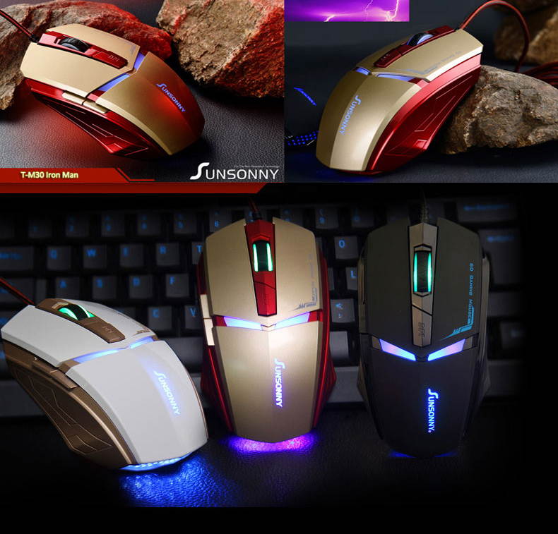SunSonny T-M30 Iron Man 3 Optical Wired USB Gaming Mouse - 1800DPI 6D 6 Buttons X3 for Gamer PC Laptops - Gold