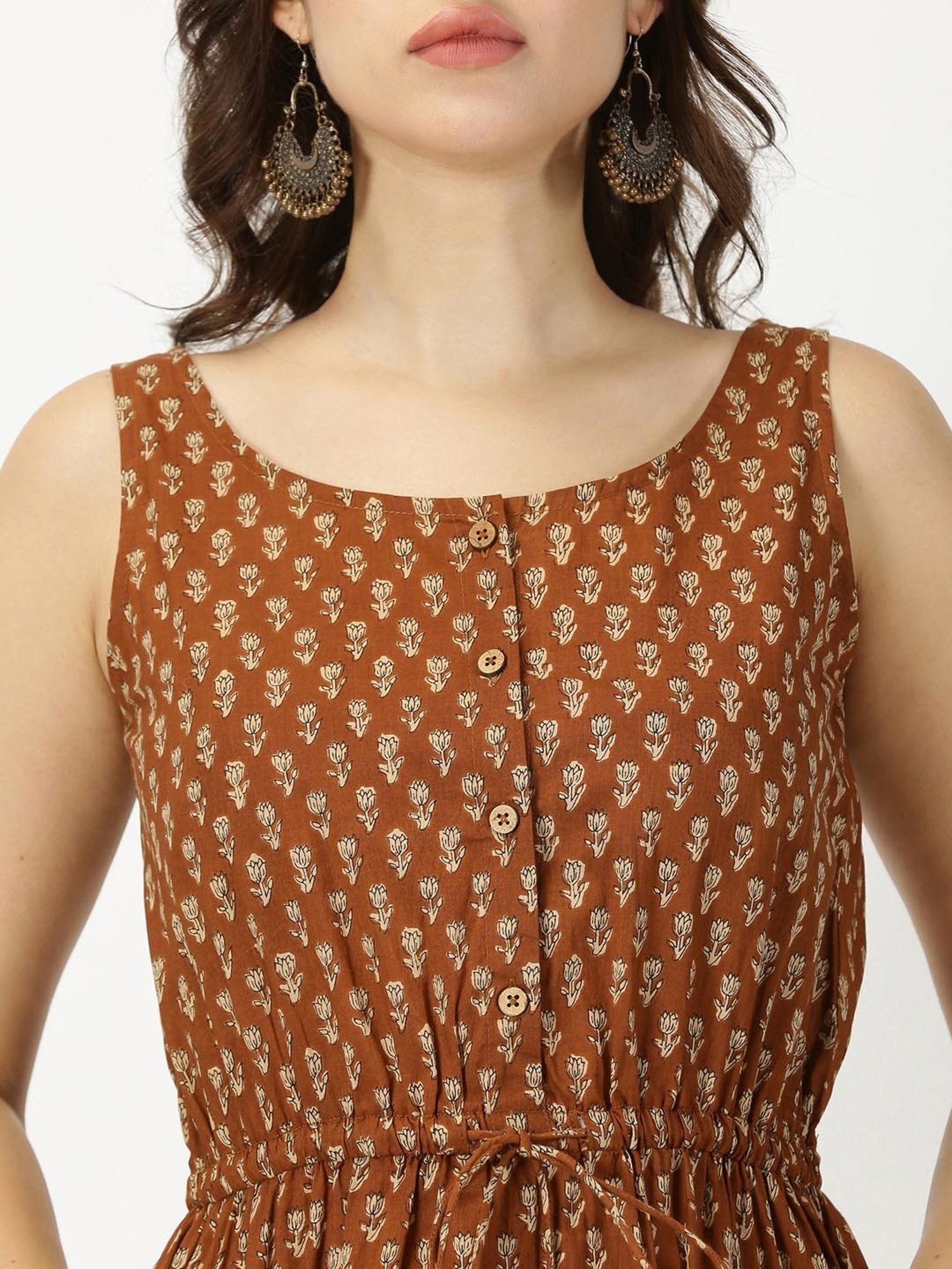 Saffron Threads Brown Cotton Floral Print Ethnic Dress