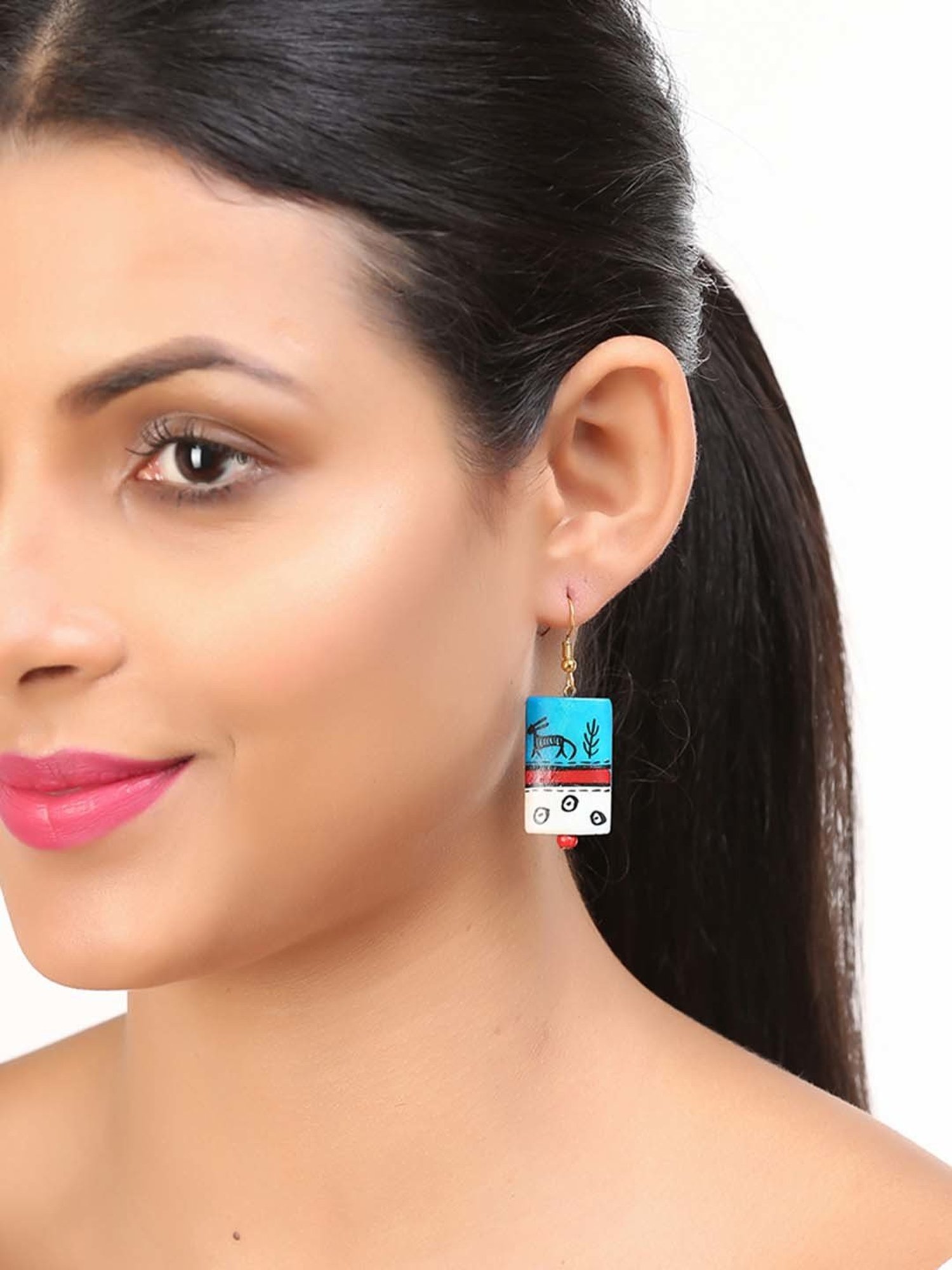 ExclusiveLane 'Tribal Warli Rectangles' Teal Blue & Red Resin Earrings in Warli Art