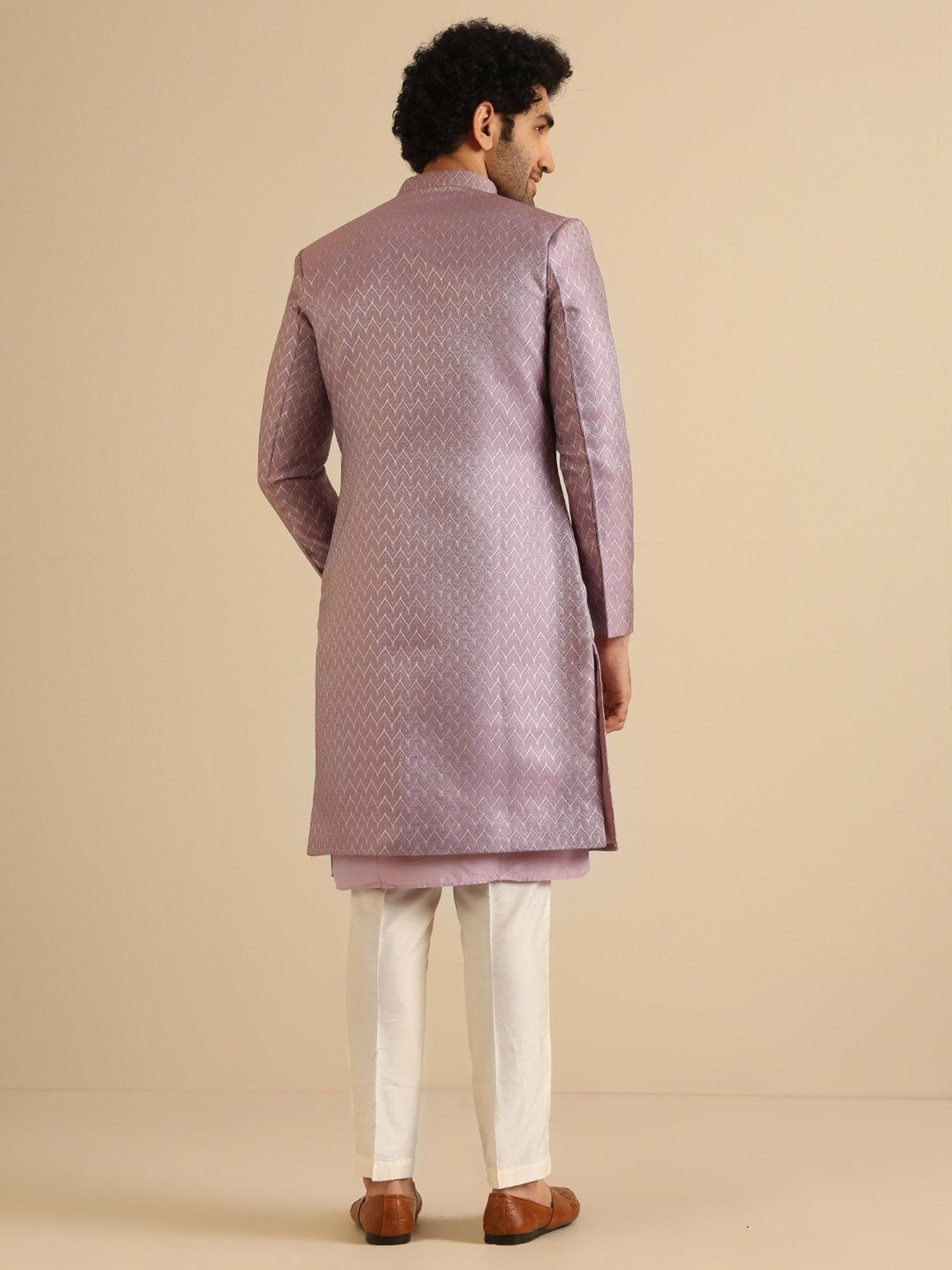 Hangup Plus Beige & Black Regular Fit Printed Sherwani Set