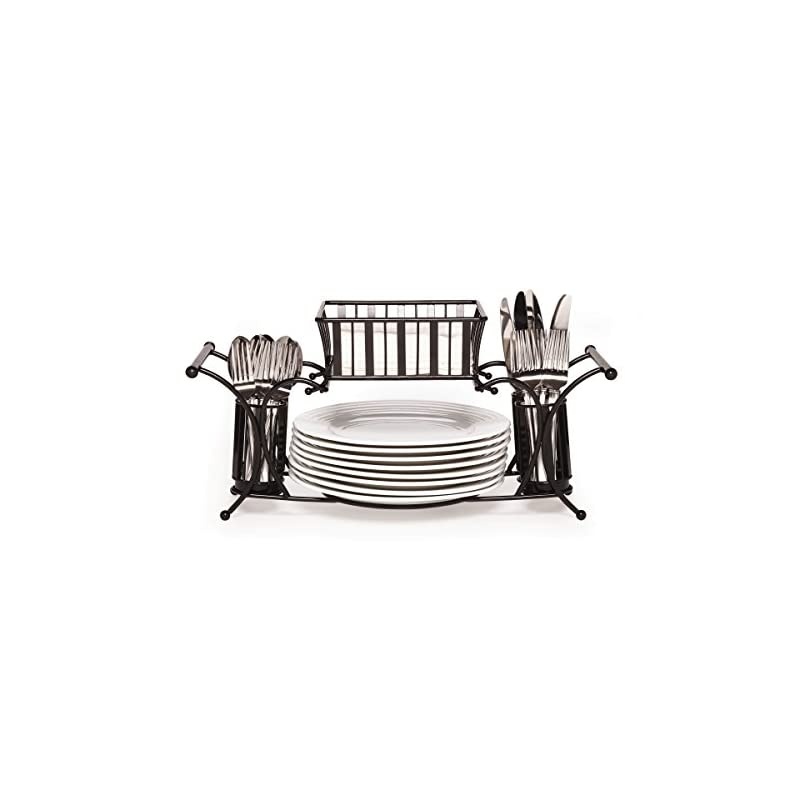 Band and Stripe Metal Hostess Flatware Napkin and Plate Tabletop Buffet Picnic Caddy