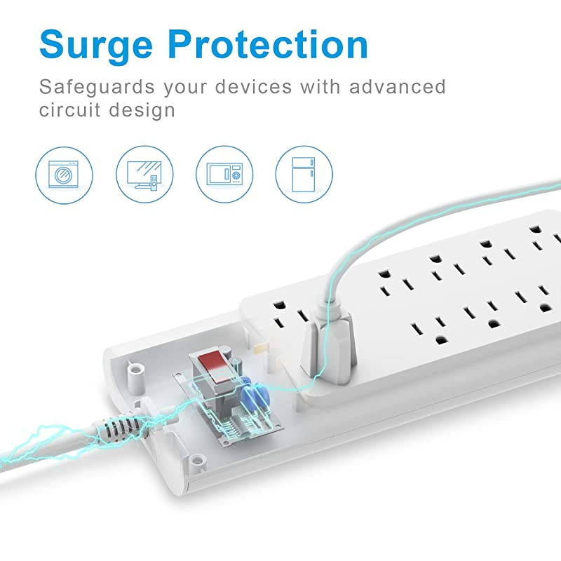Power Strip with USB Ports  Surge Protector with 10 AC Outlets and 4 USB Charging Ports1625W13A 2100 Joules 6 Feet Long Extension Cord for Smartphone Tablets HomeOffice Hotel White