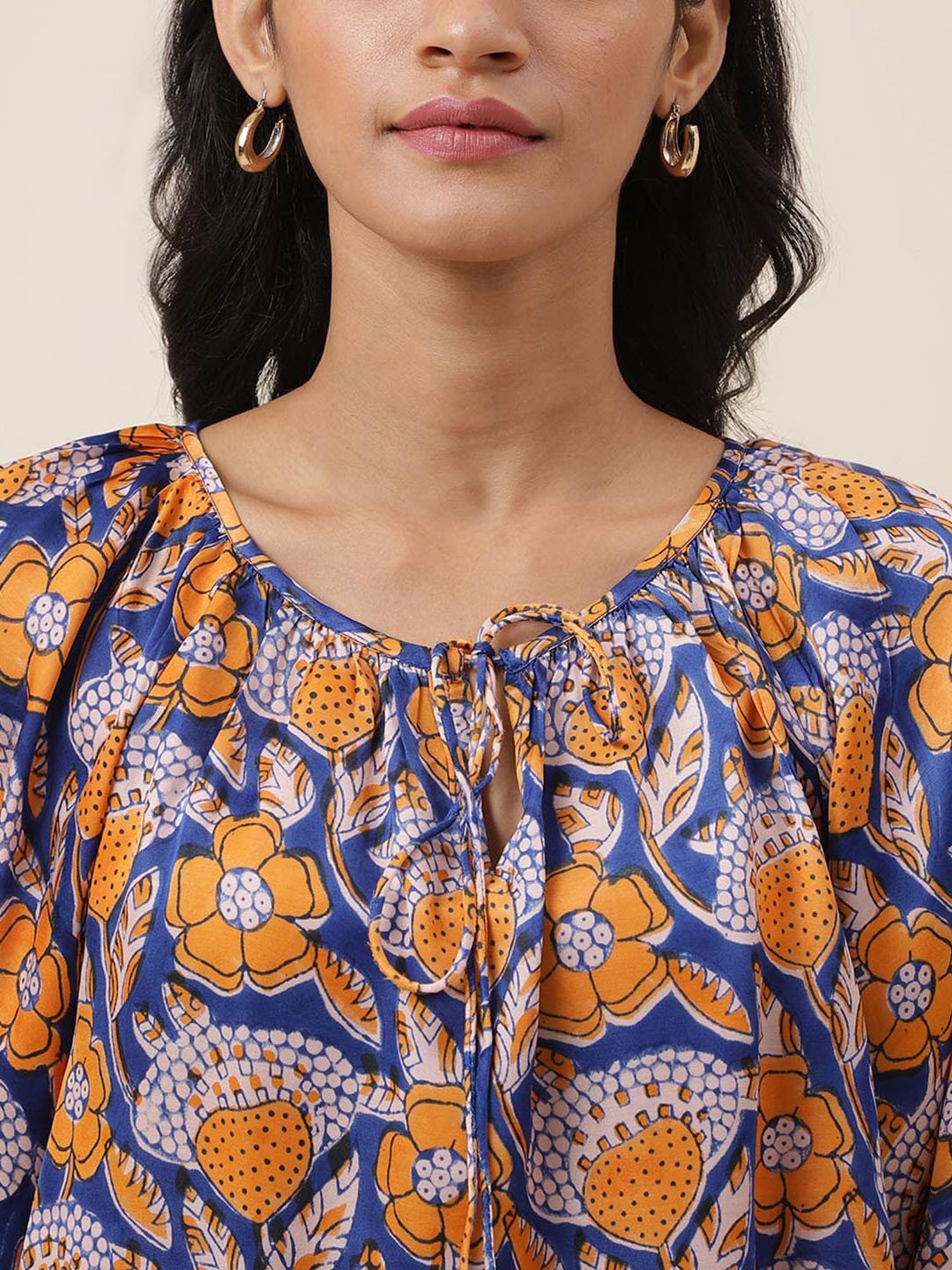 Fabindia Royal Blue & Mustard Printed Top