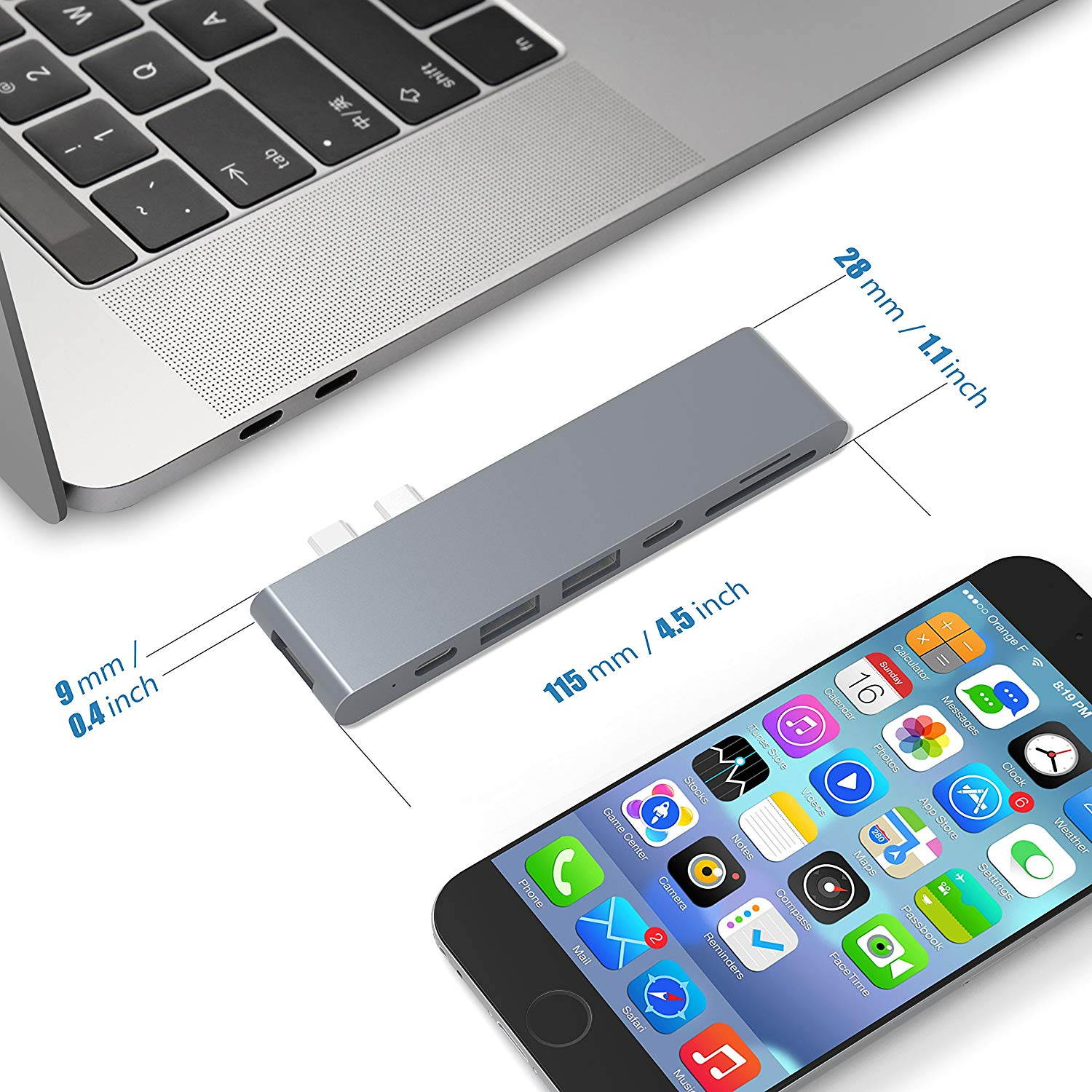 Cateck Aluminum Type-C Multi-Port Adapter with Superspeed 40Gbs Thunderbolt 3, Pass-Through Charging, 4k HDMI, SD/Micro SD Card Reader, USB-C Port and 2 USB 3.0 Ports for MacBook Pro