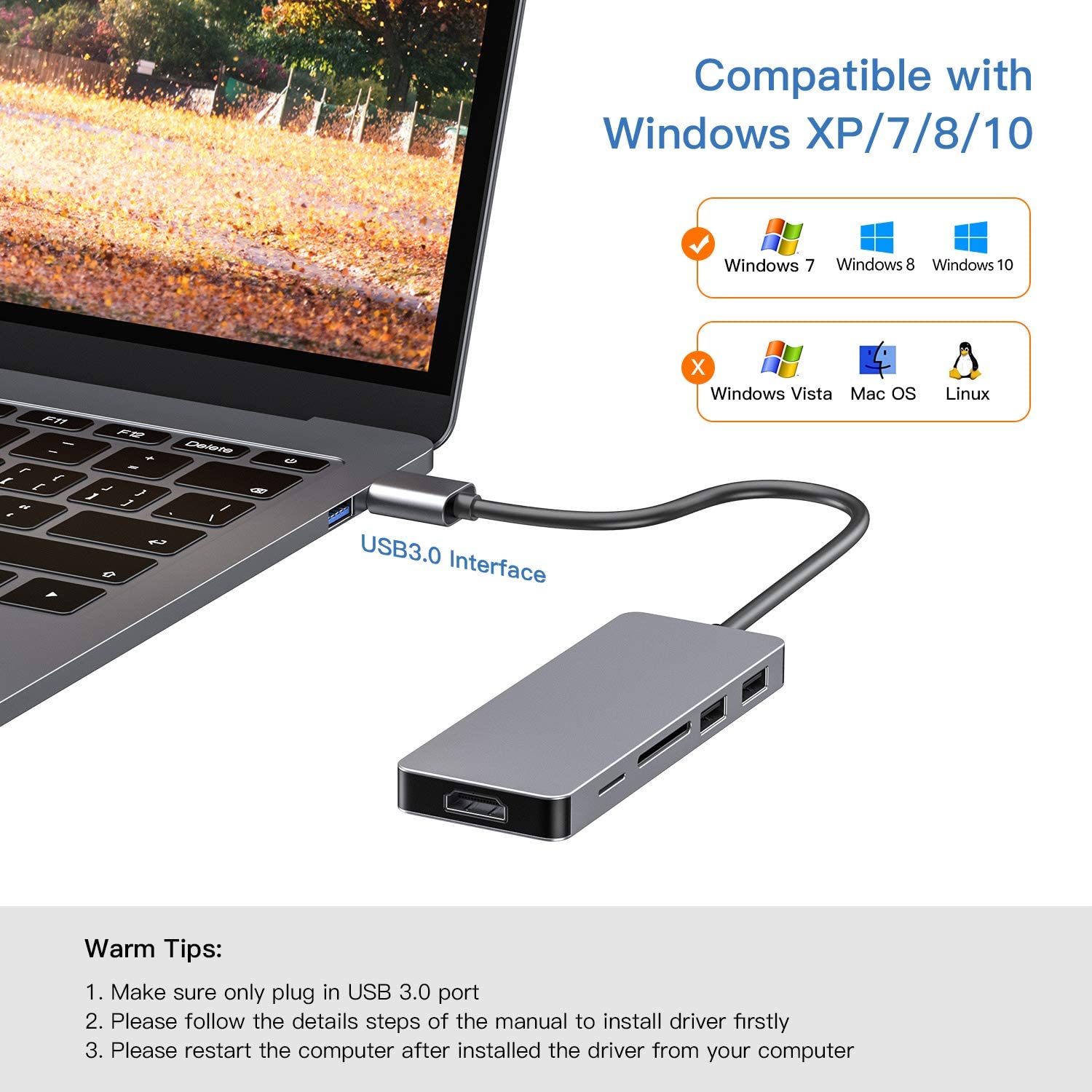USB to HDMI Adapter,5 in 1 USB 3.0 to 1080P HDMI Converter for Monitor PC Laptop Desktop,2USB 2.0,SD/MicroSD Card Reader,Support Windows 10/8/7/XP(NOT for Mac/Vista/Linux/Chrome,Firestick)