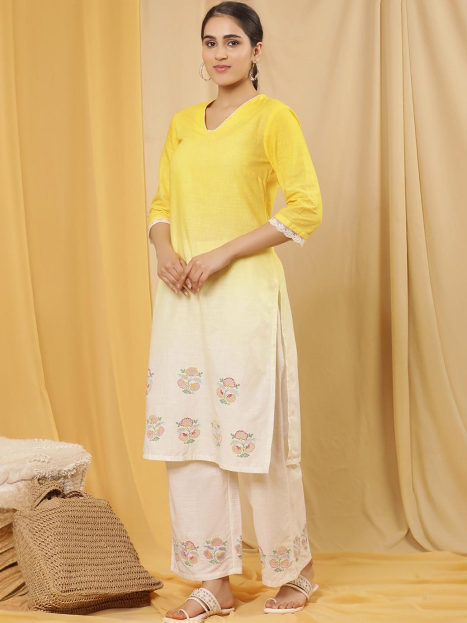 W Yellow & White Cotton Embroidered Kurta Palazzo Set With Dupatta
