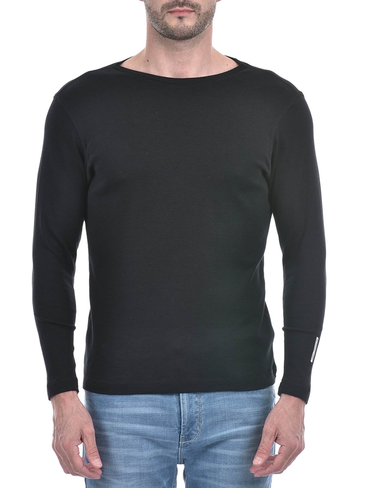 NUMERO UNO Black Slim Fit Solid Round Neck Brushed Fleece T-Shirt