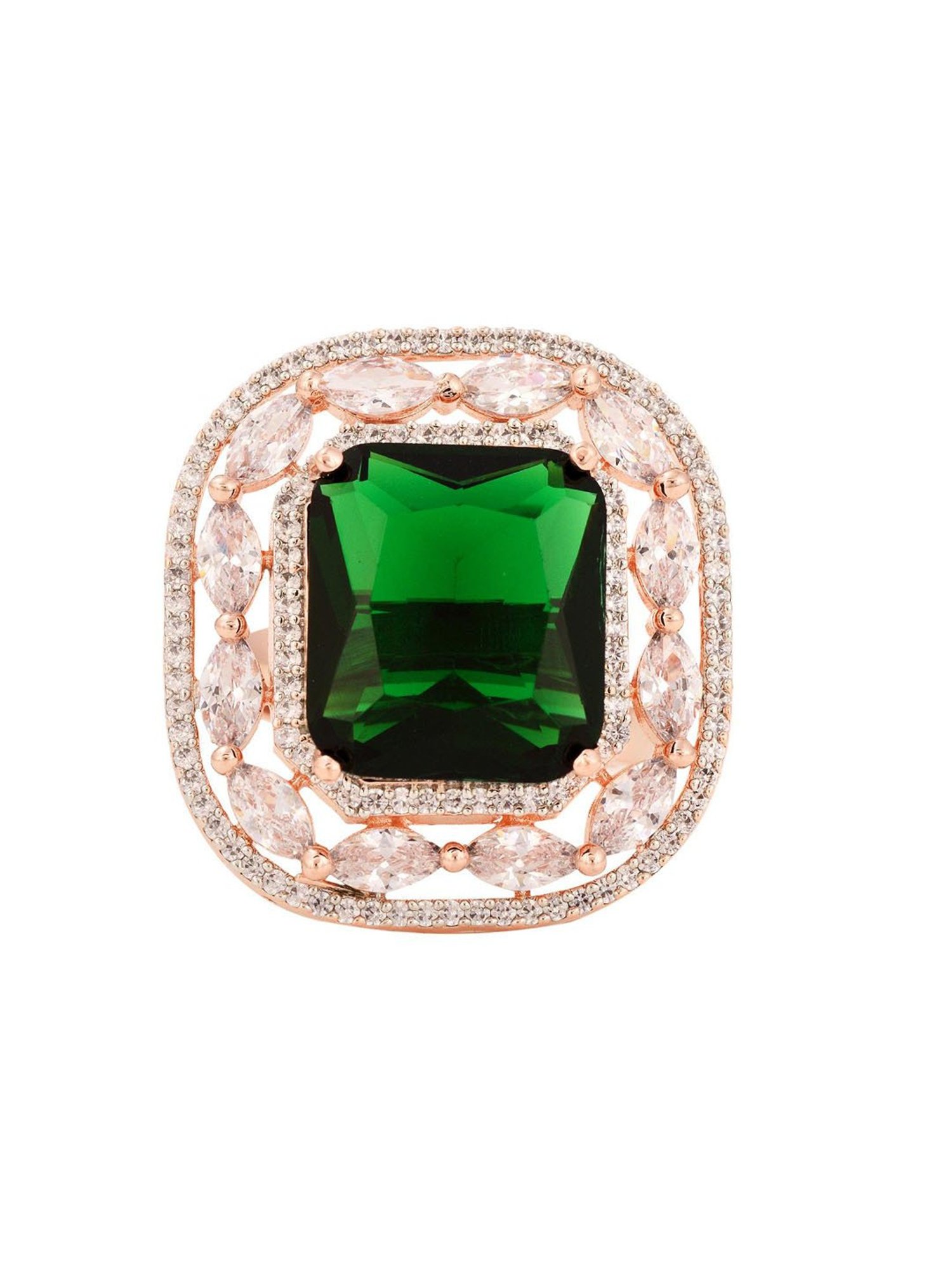 Saraf RS Jewellery Rose Gold Emerald Green Studded Adjustable Statement Cocktail Finger Ring