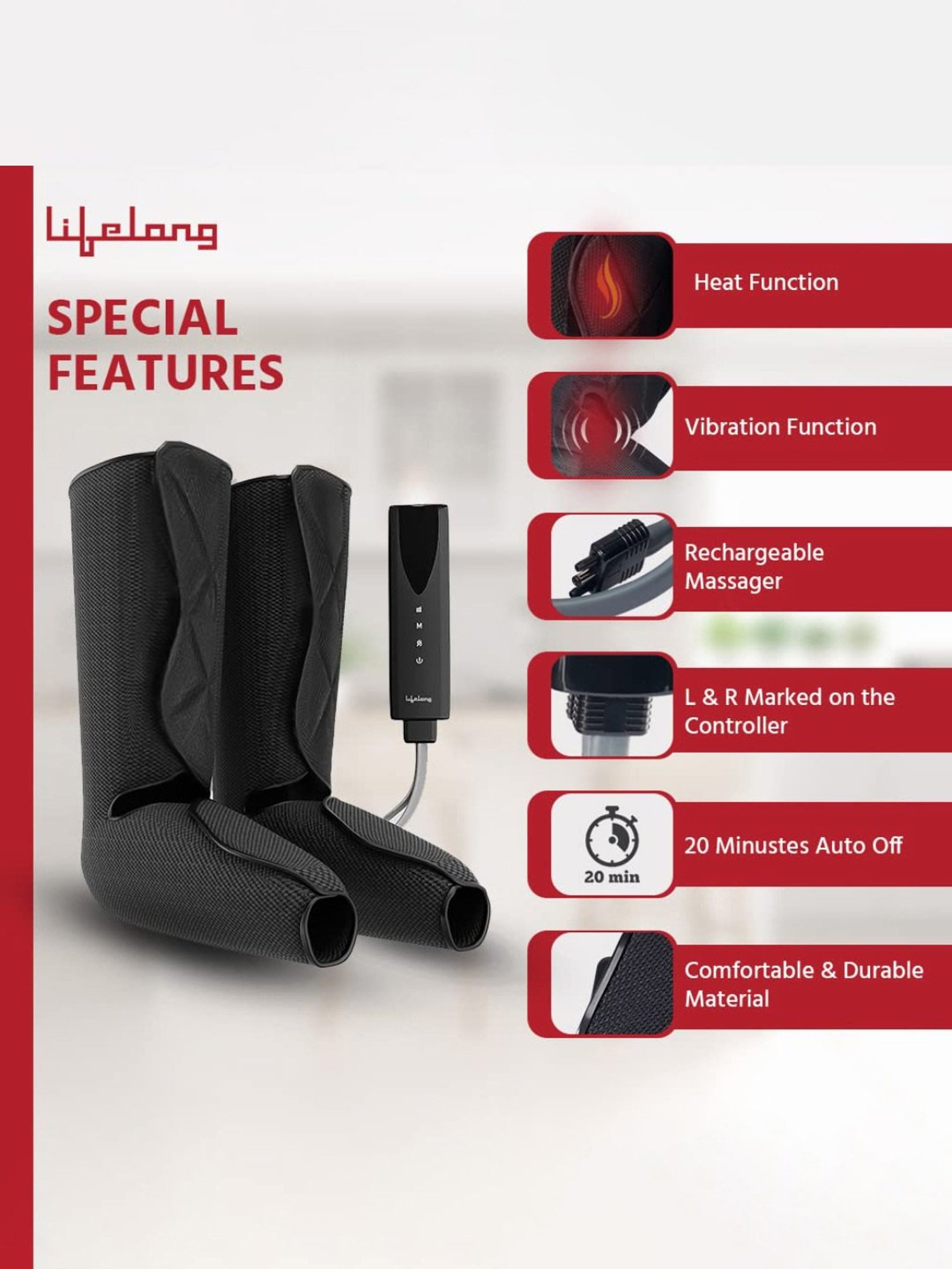 Lifelong LLM522 Rechargeable Air Pressure Massager for Calves with Heat and Vibration (Black)