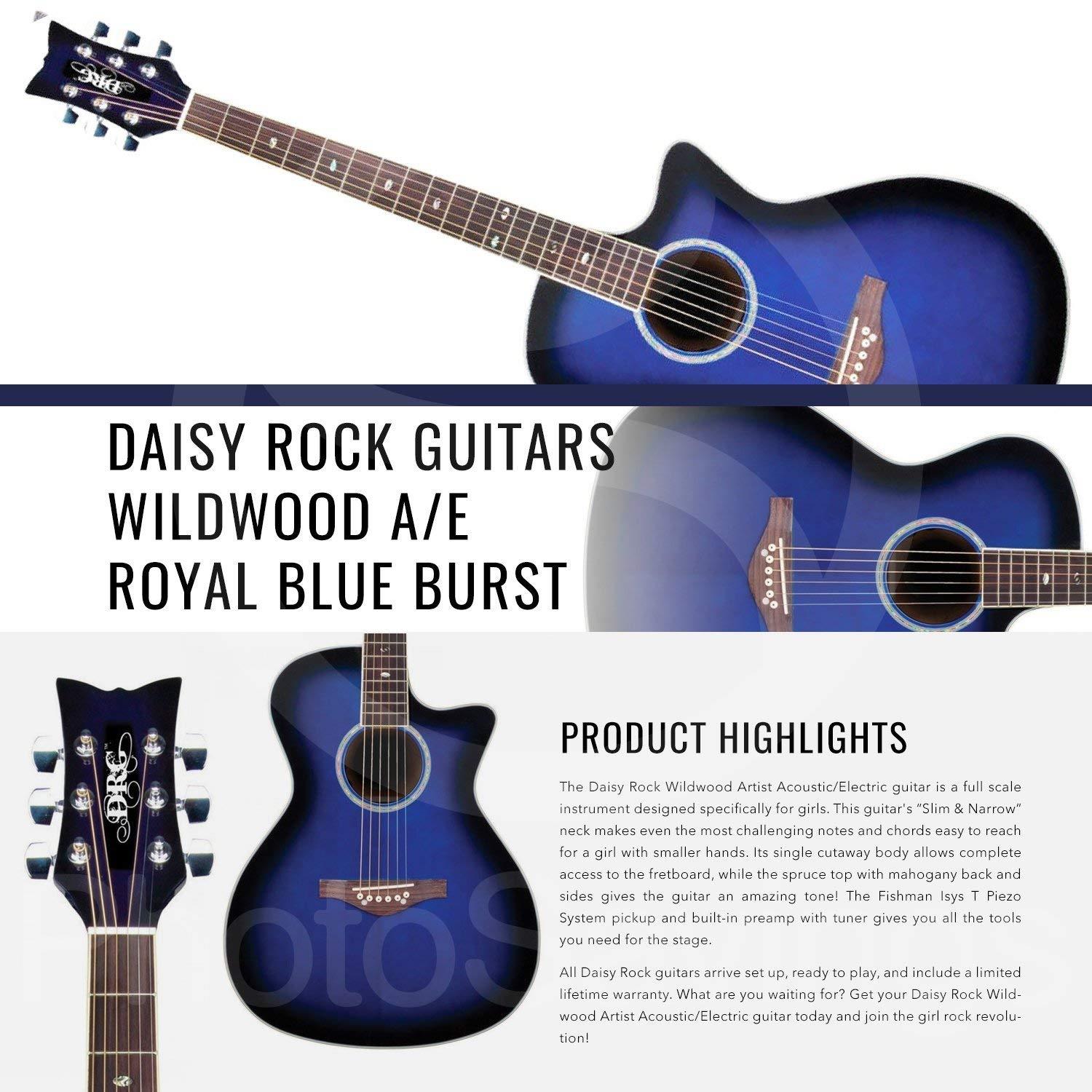 Daisy Rock Wildwood Artist Acoustic-Electric Guitar (Royal Blue Burst) with Guitar Tuner, Picks, and Cleaning Cloth